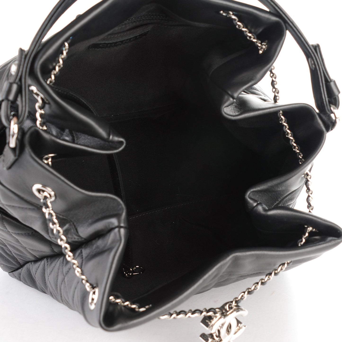 Lambskin Quilted Large Chain Bucket Bag Black