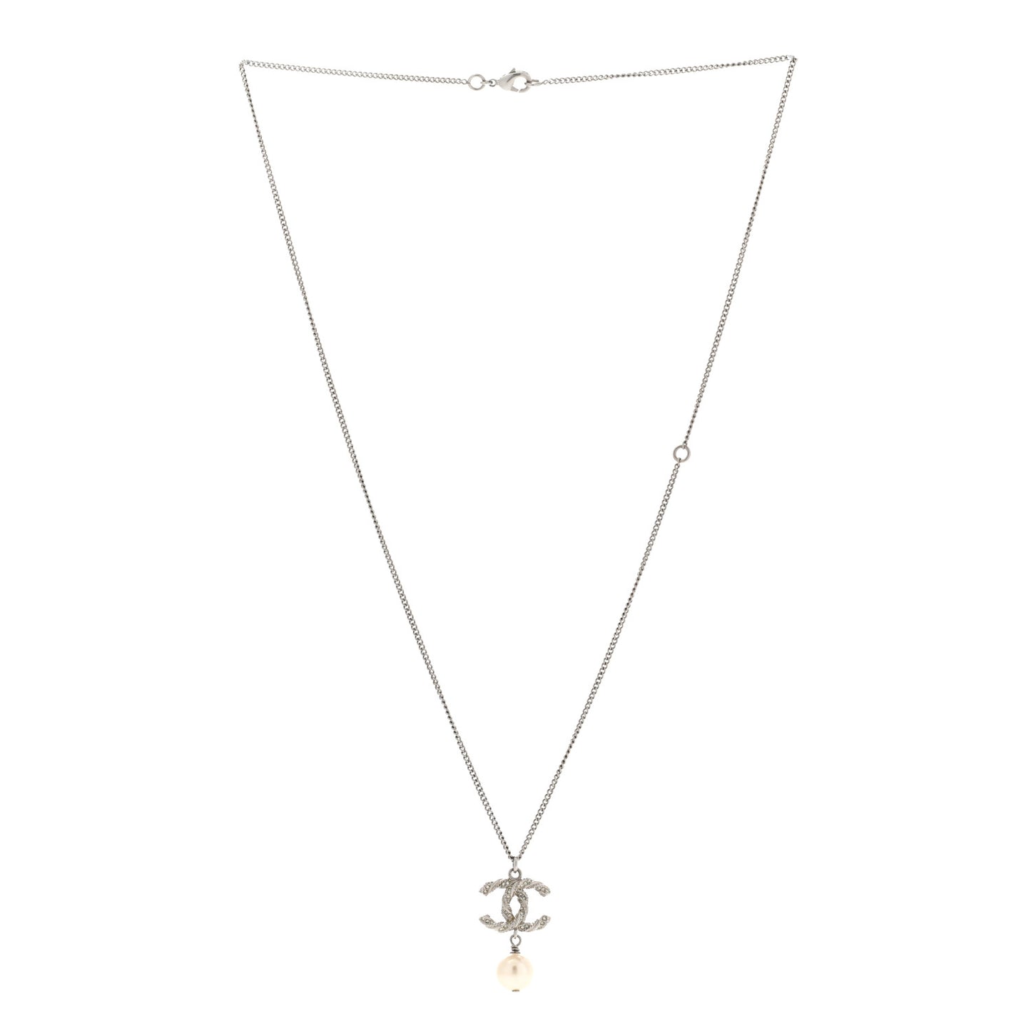 Crystal Pearl Twisted CC Drop Necklace Silver