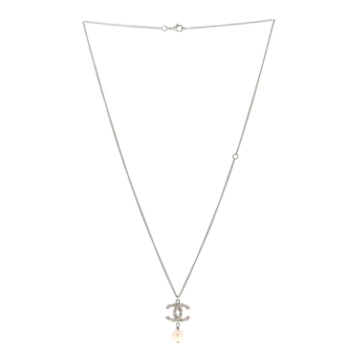 Chanel Crystal Pearl Twisted CC Drop Necklace Silver 3 of 6