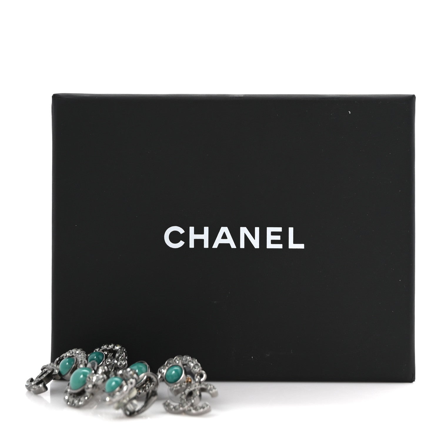 Chanel Crystal Bead CC Clip On Cuff Earrings Turquoise Ruthenium 5 of 5