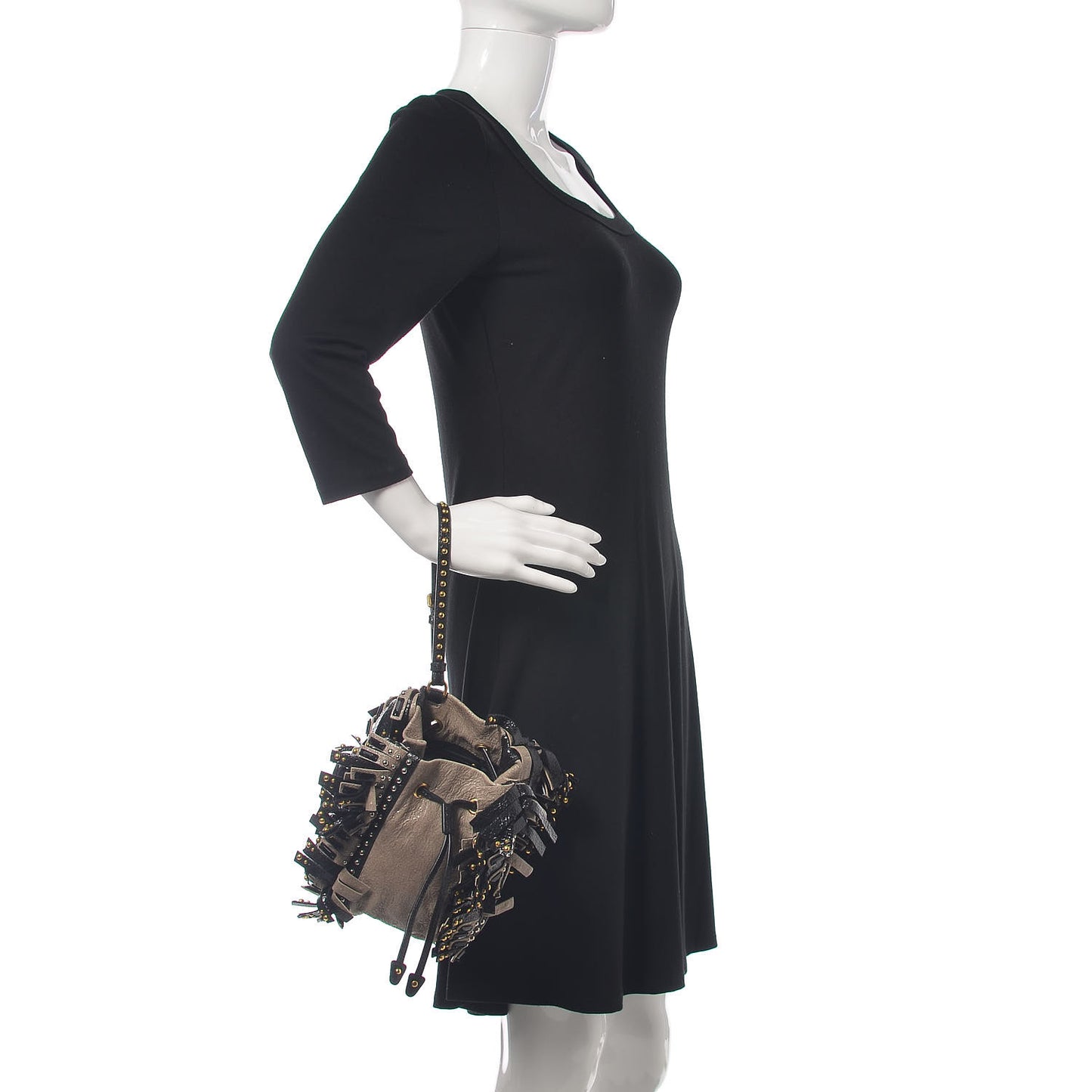 Crackled Calfskin Studded Fringe Wristlet Pouch Talco Black