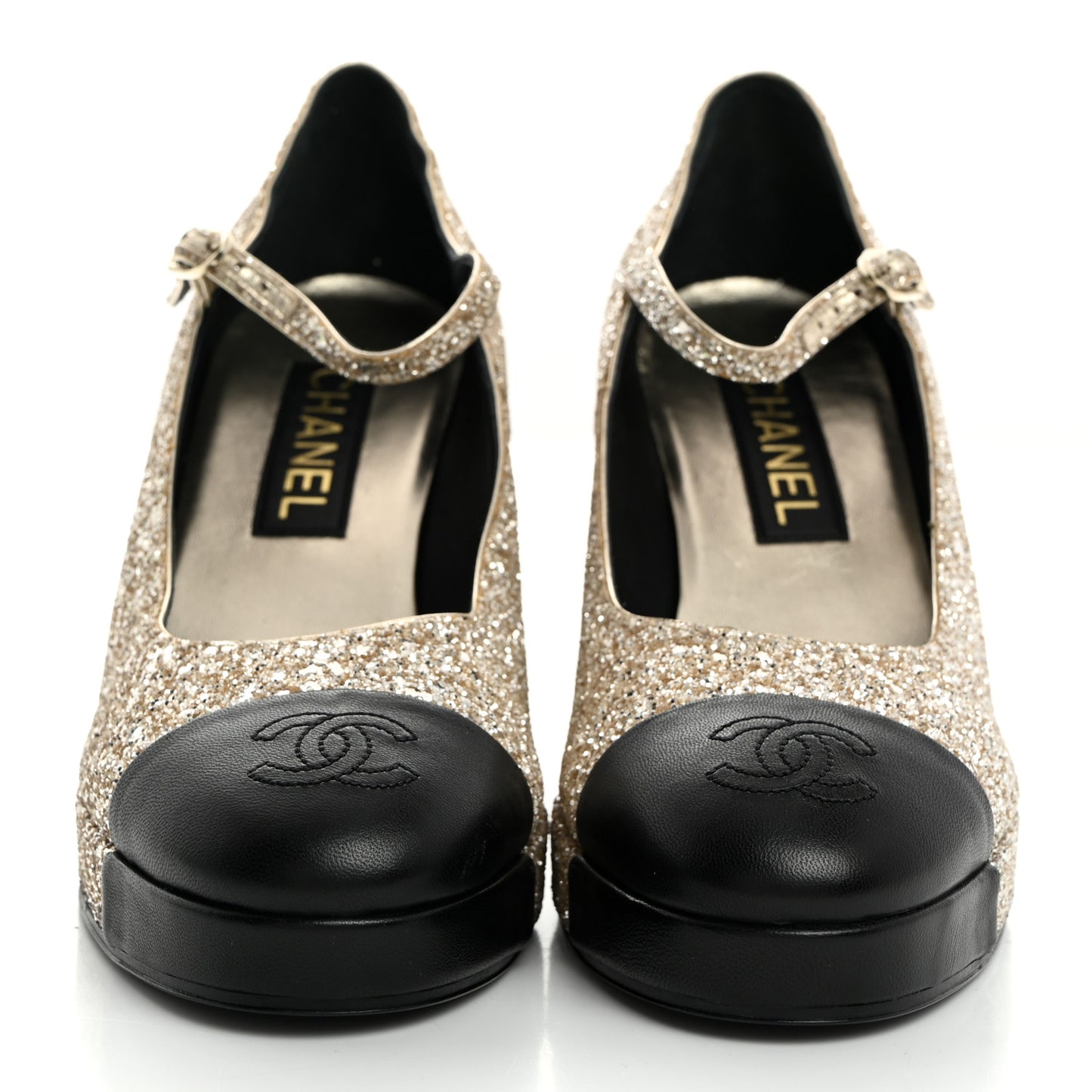 Glitter Lambskin Cap Toe CC Mary Jane Pumps 39 Light Gold Black