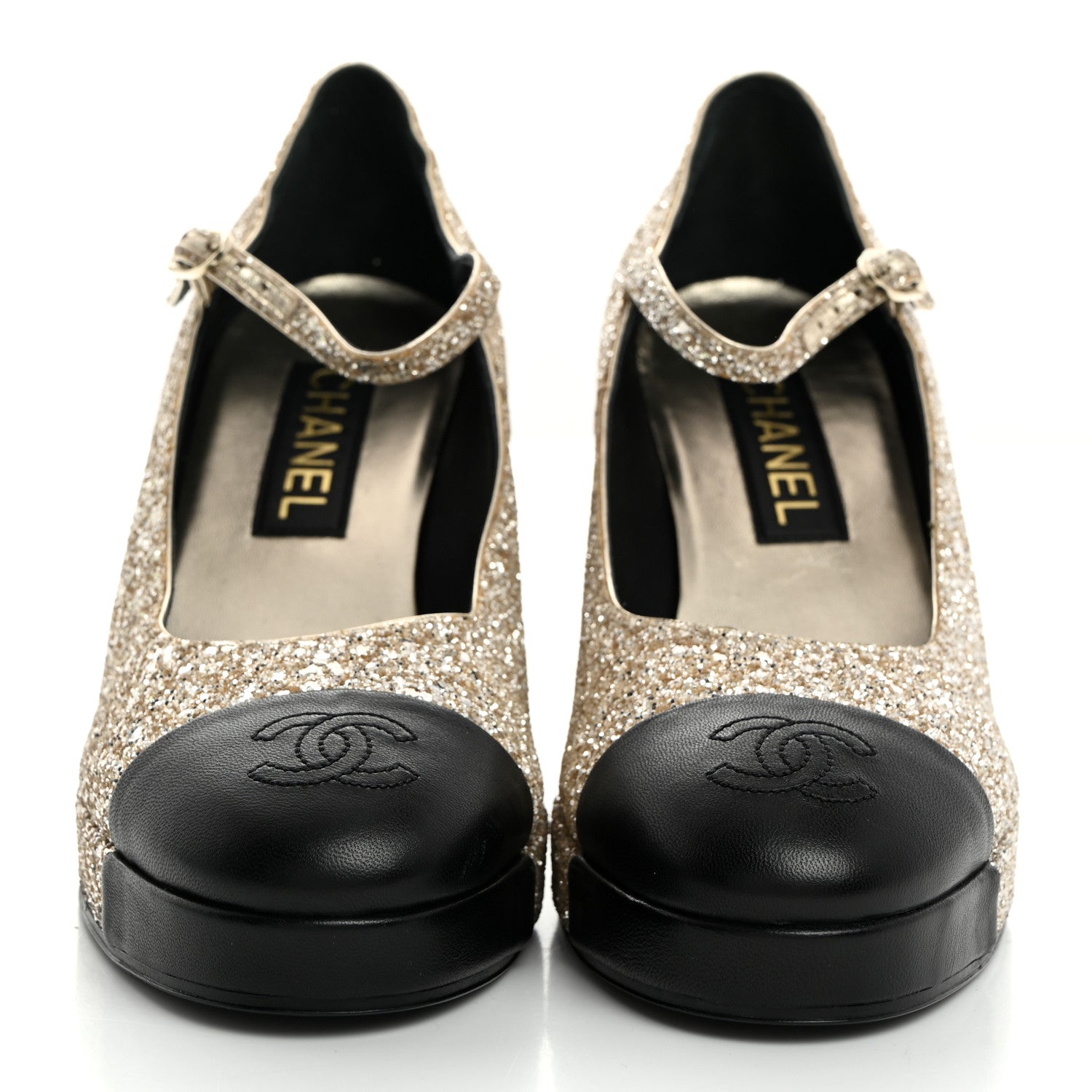Chanel Glitter Lambskin Cap Toe CC Mary Jane Pumps 39 Light Gold Black 2 of 9