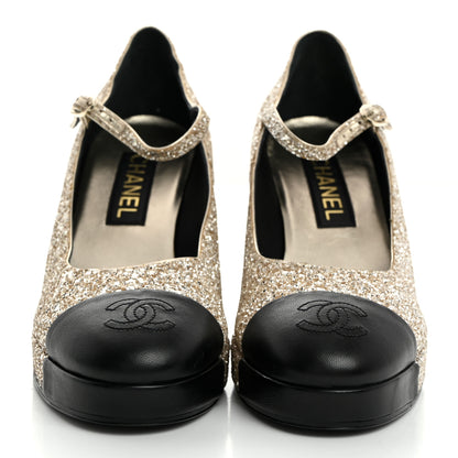 Chanel Glitter Lambskin Cap Toe CC Mary Jane Pumps 39 Light Gold Black 2 of 9