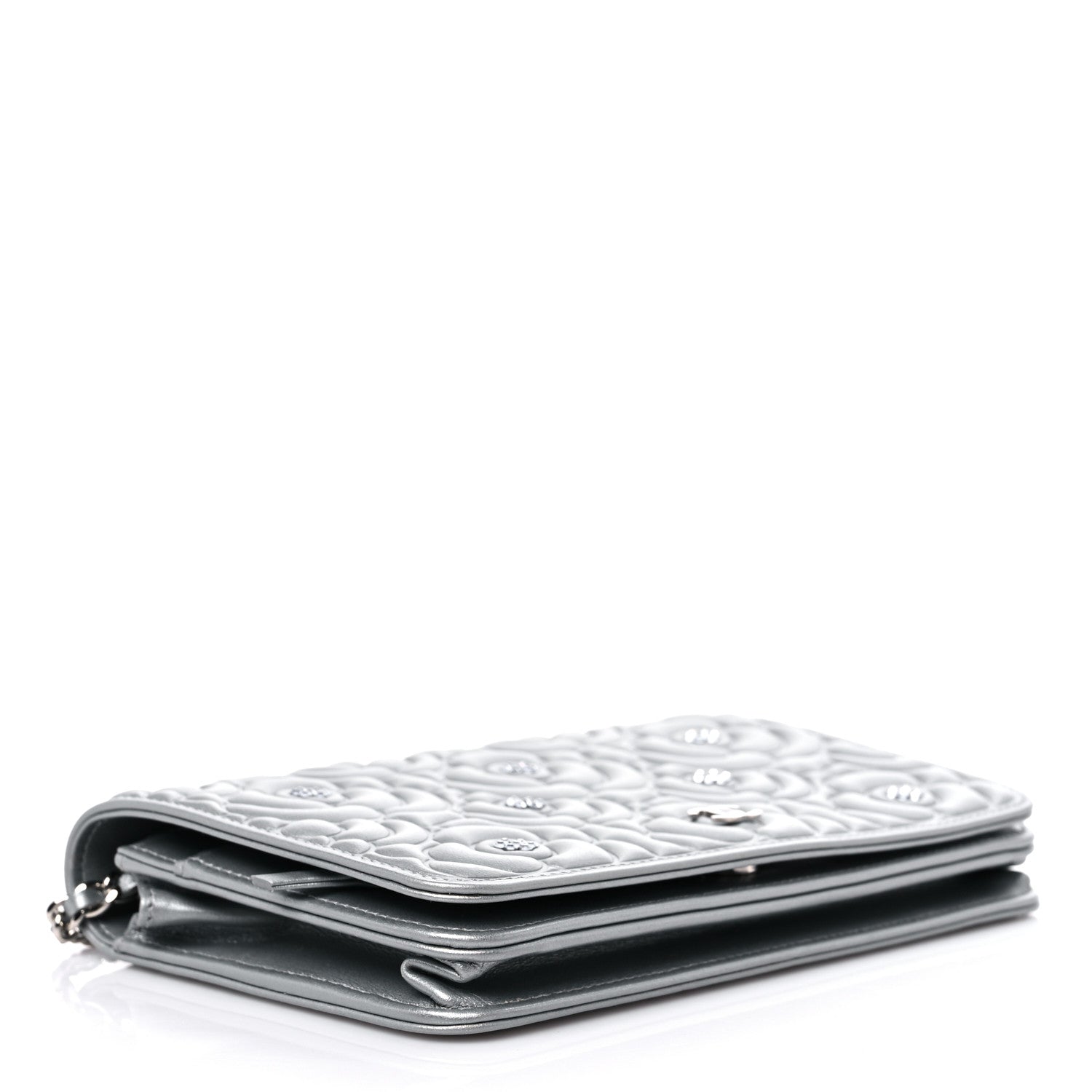 Chanel Metallic Lambskin Crystal Camellia Embossed Wallet On Chain WOC Silver 4 of 12