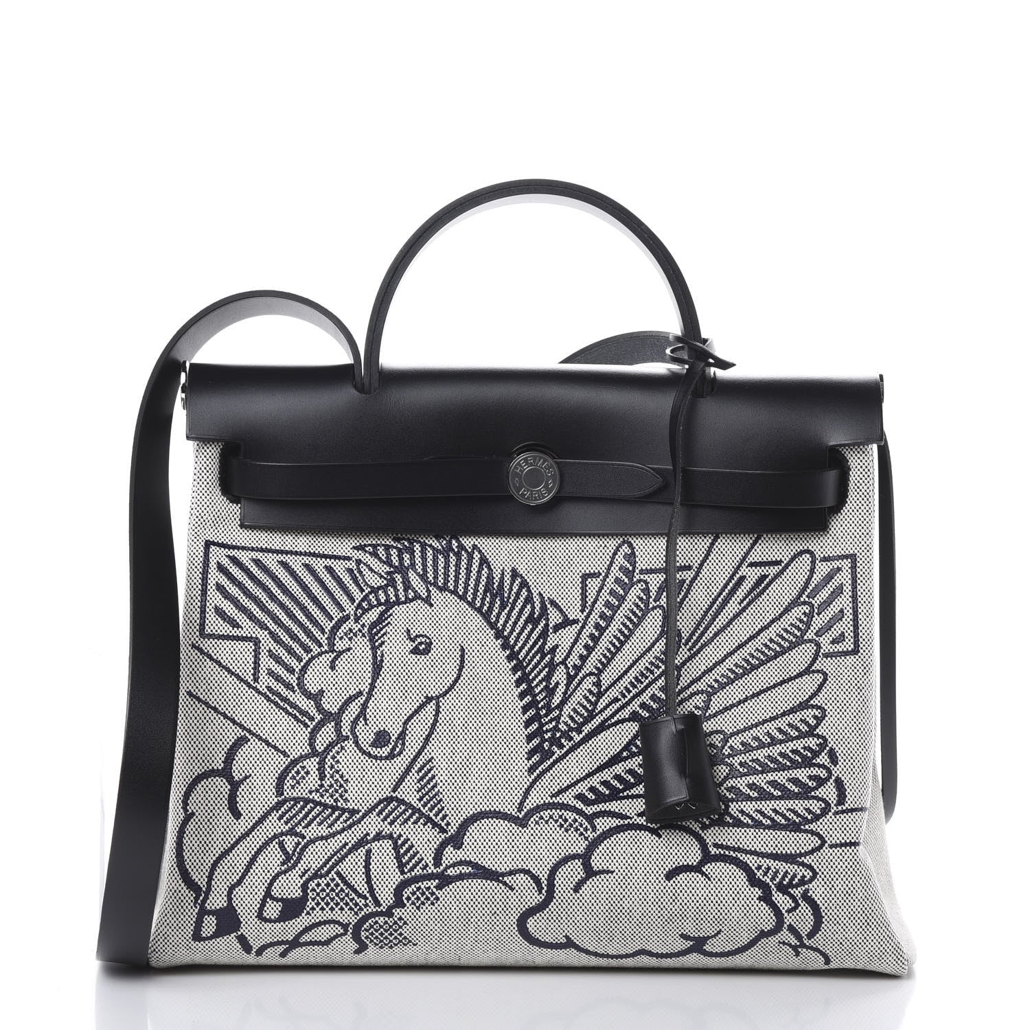 Hermes Vache Hunter Toile H Pegase Pop Herbag Zip Retourne 31 PM Bleu Indigo Ecru Black 2 of 12