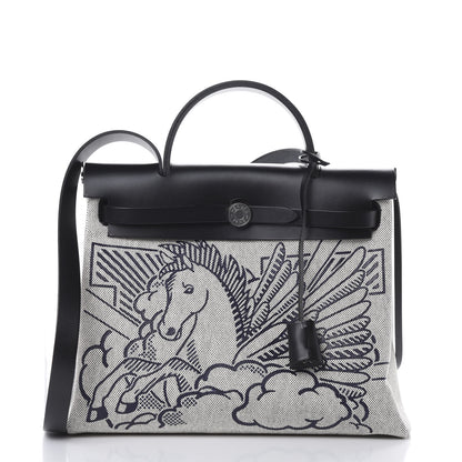Hermes Vache Hunter Toile H Pegase Pop Herbag Zip Retourne 31 PM Bleu Indigo Ecru Black 2 of 12
