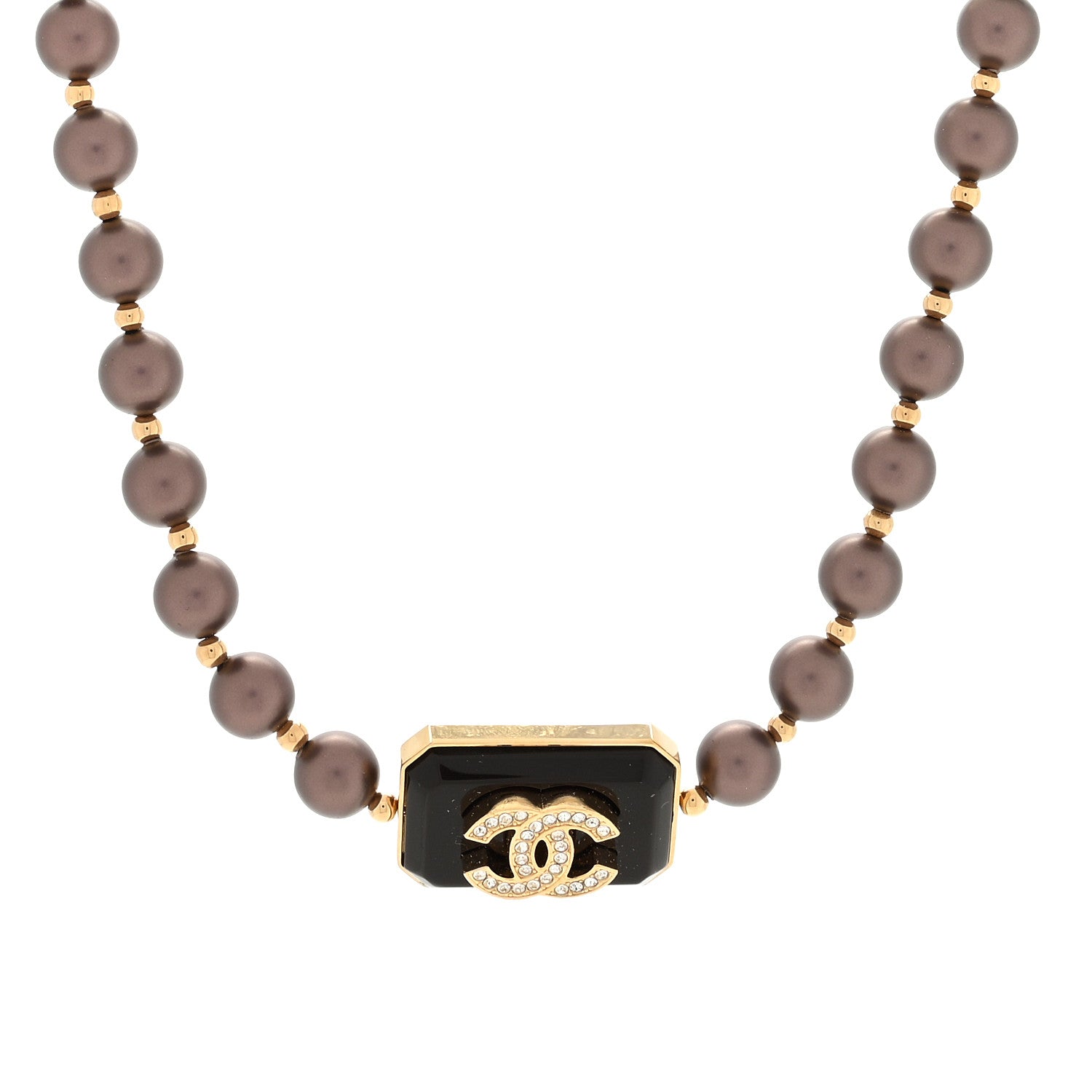 Chanel Pearl Crystal CC Choker Necklace Brown Gold 1 of 4