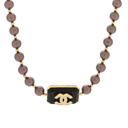 Chanel Pearl Crystal CC Choker Necklace Brown Gold 1 of 4