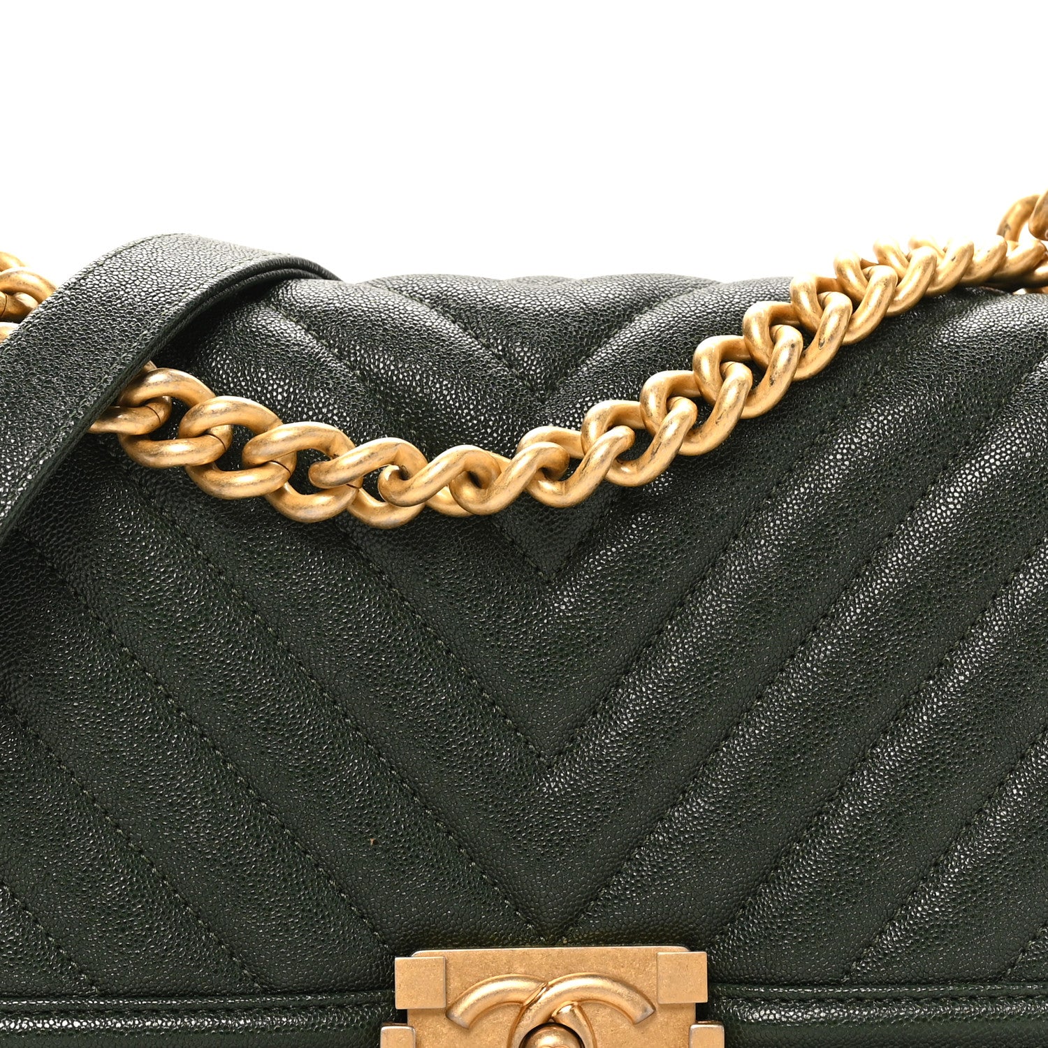 Chanel Caviar Chevron Quilted Medium Boy Flap Dark Green 8 of 11