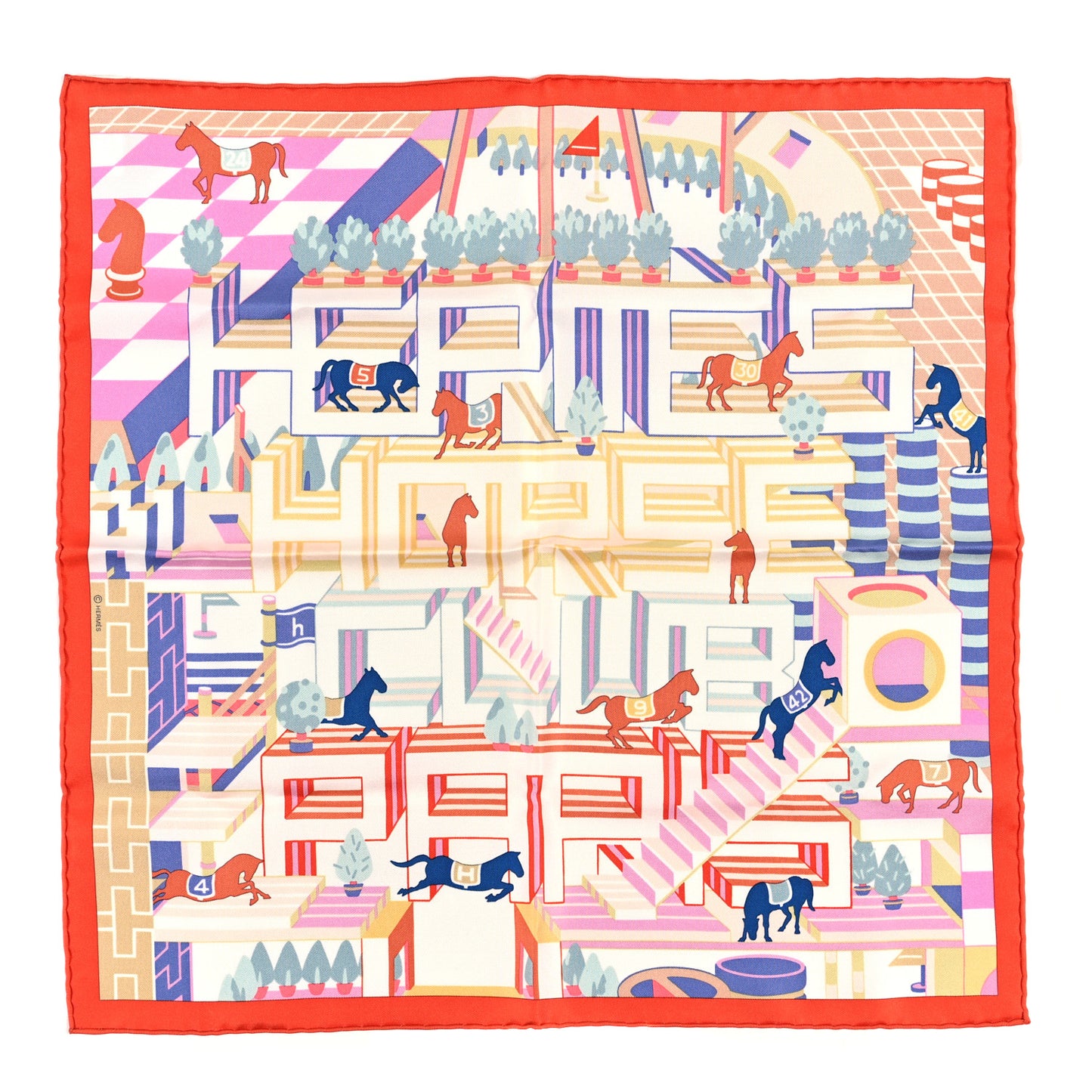 Silk Horse Club Detail Scarf 45 Corail Rose Bleu