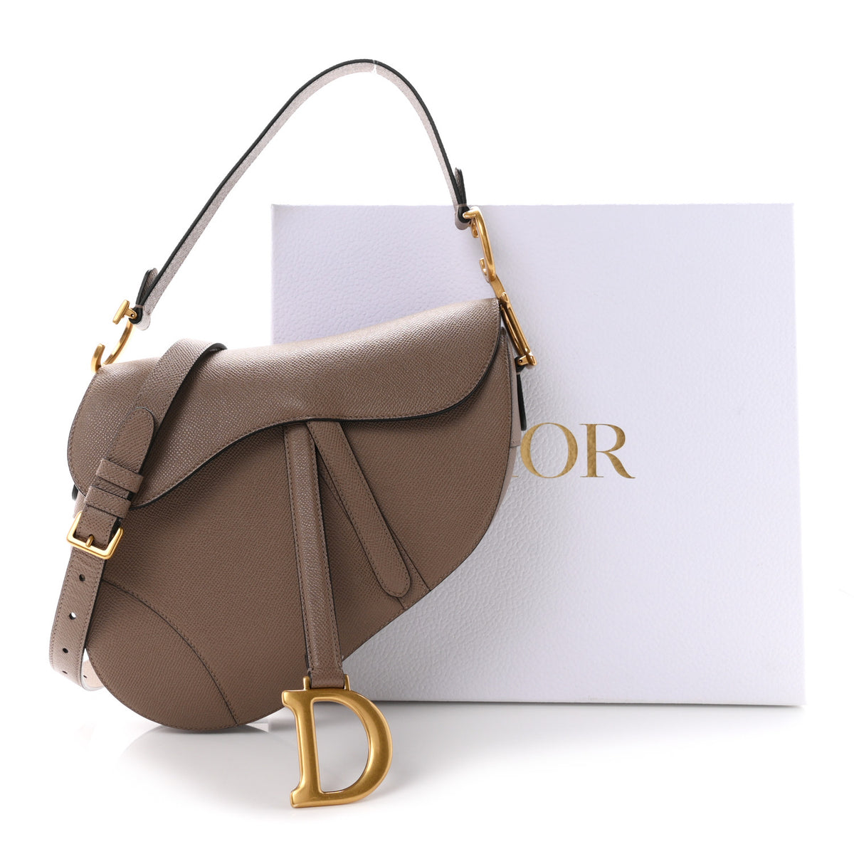 Grained Calfskin Saddle Bag With Strap Warm Taupe