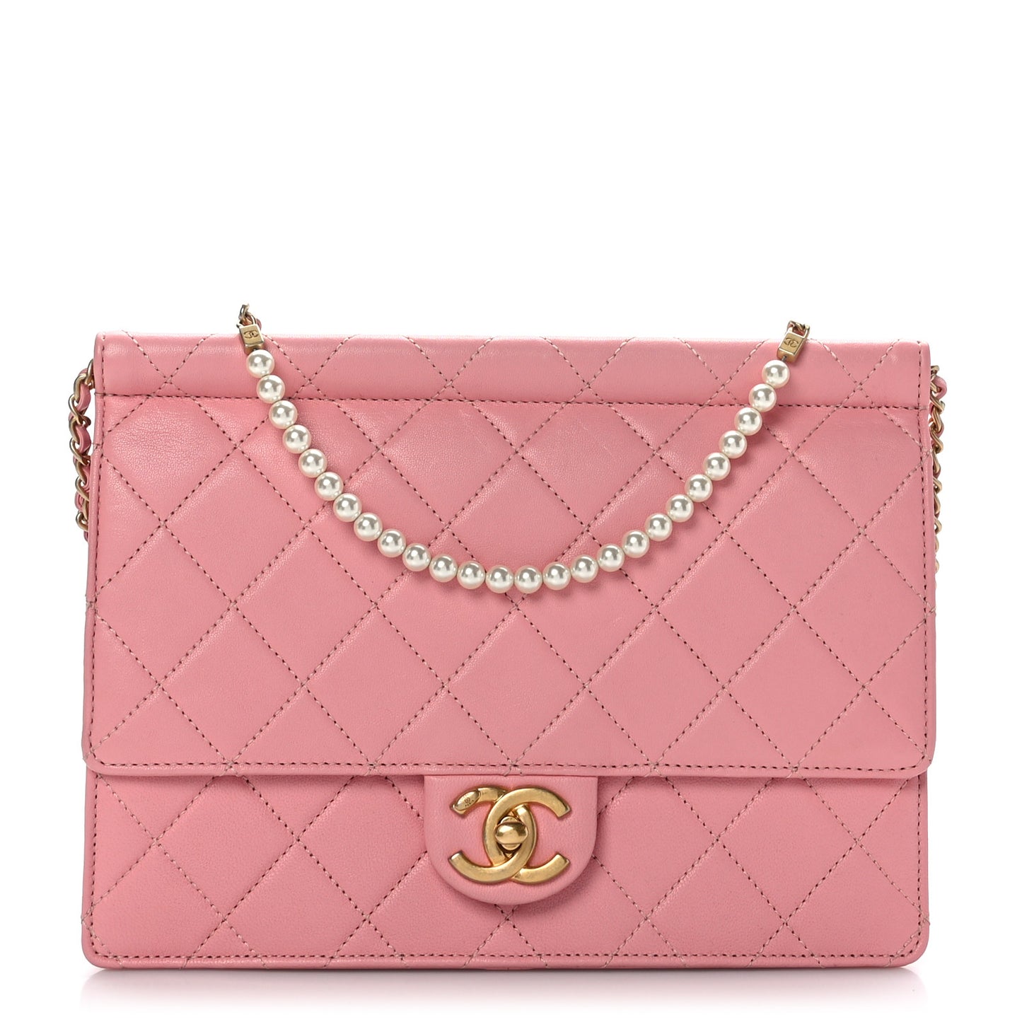 Lambskin Quilted Large Pearl Chain Flap Bag Pink