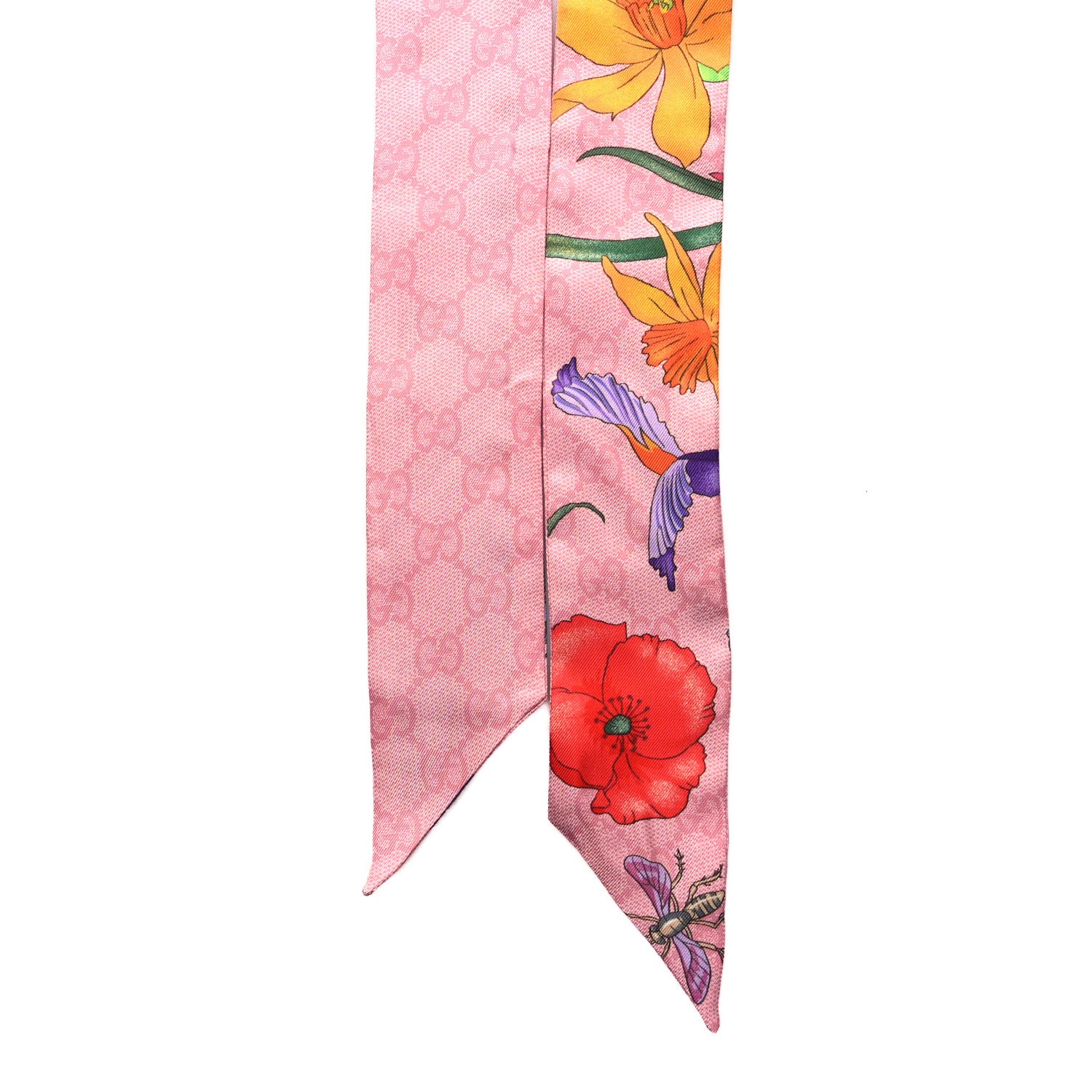 Gucci Silk Twill GG Monogram Floral Print Neck Bow Scarf Roseate 2 of 4