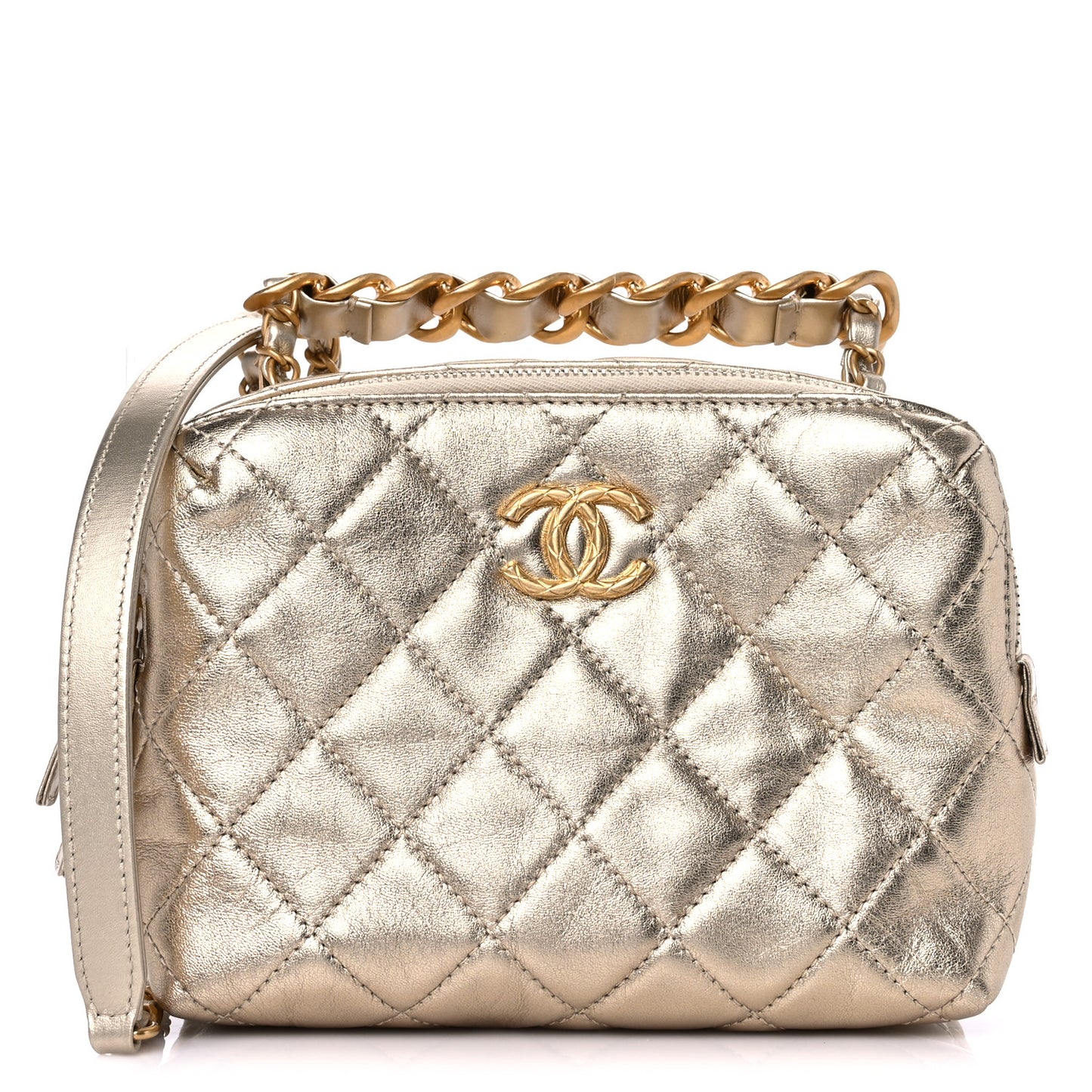 Metallic Lambskin Quilted Mini Bowling Bag Gold