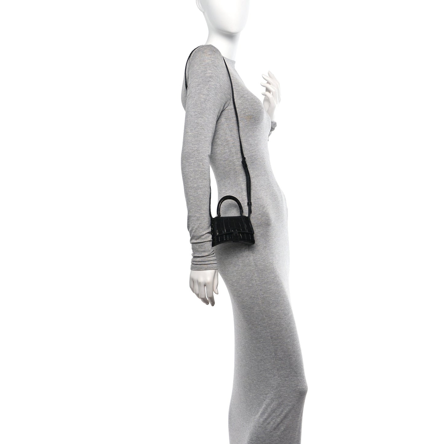 Shiny Calfskin Monochrome Crocodile Embossed Hourglass Top Handle Bag Mini Black