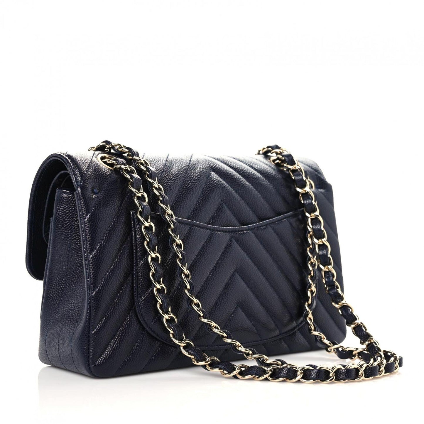 Caviar Chevron Quilted Small Double Flap Navy Blue