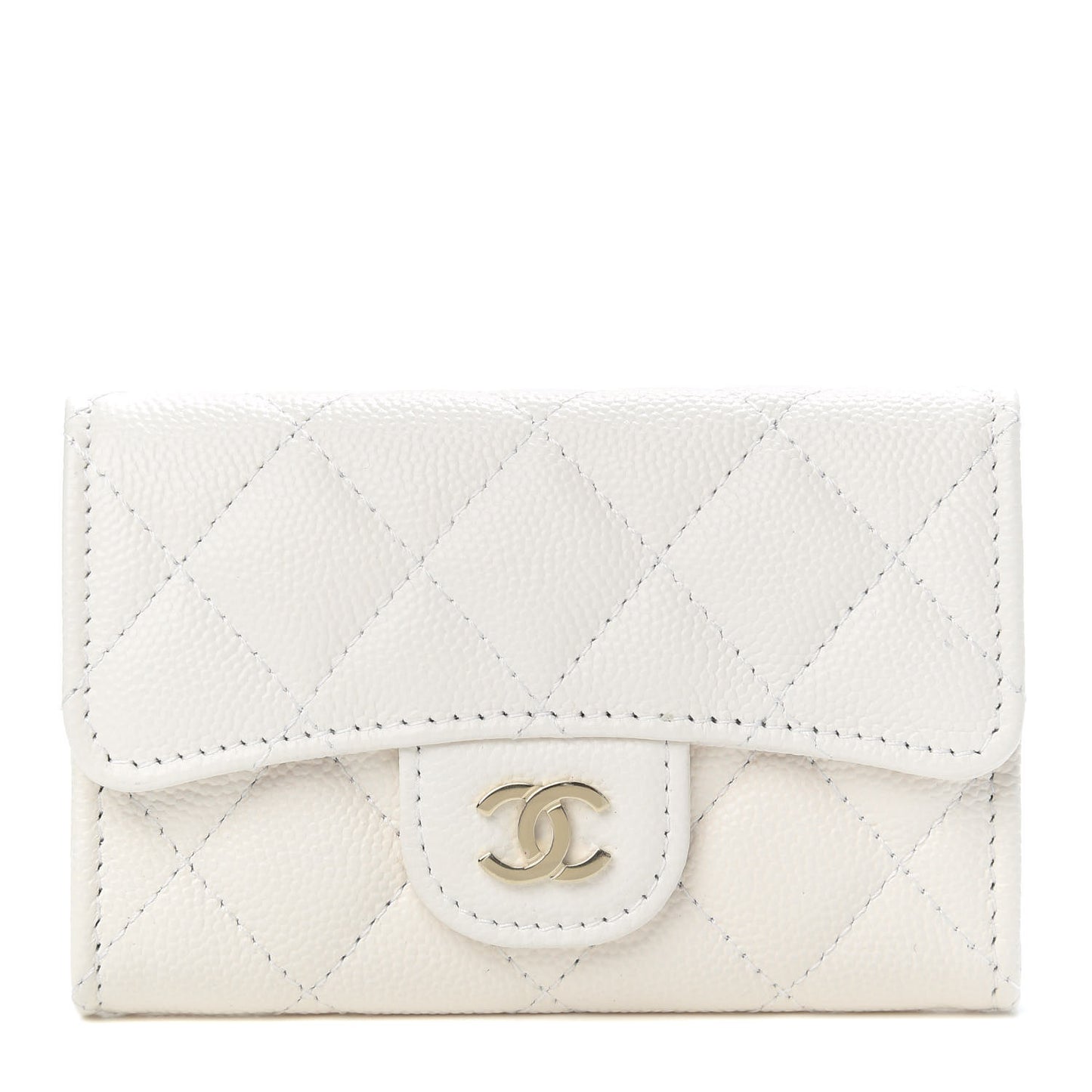 Caviar Quilted Flap Card Holder Wallet White