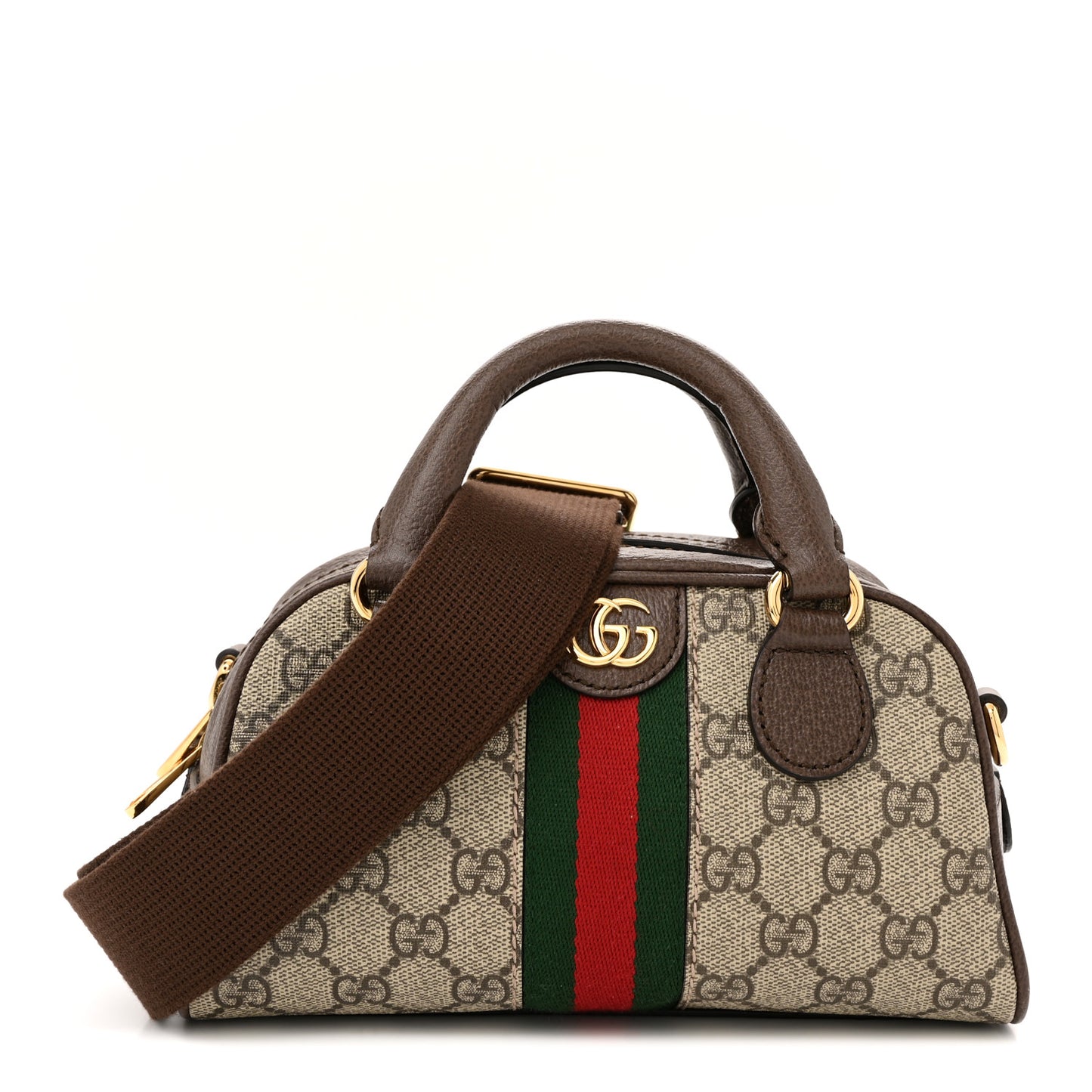 GG Supreme Monogram Textured Dollar Calfskin Web Mini Ophidia Top Handle Bowler Bag Beige Ebony New Acero