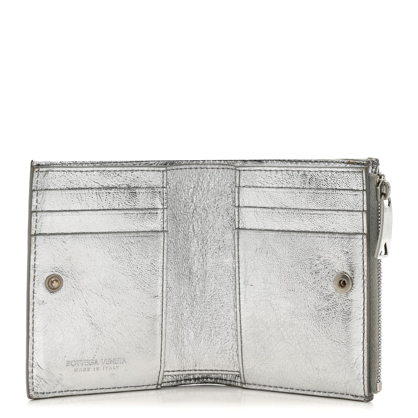 Metallic Nappa Intrecciato Small Bi-Fold Zip Wallet Silver