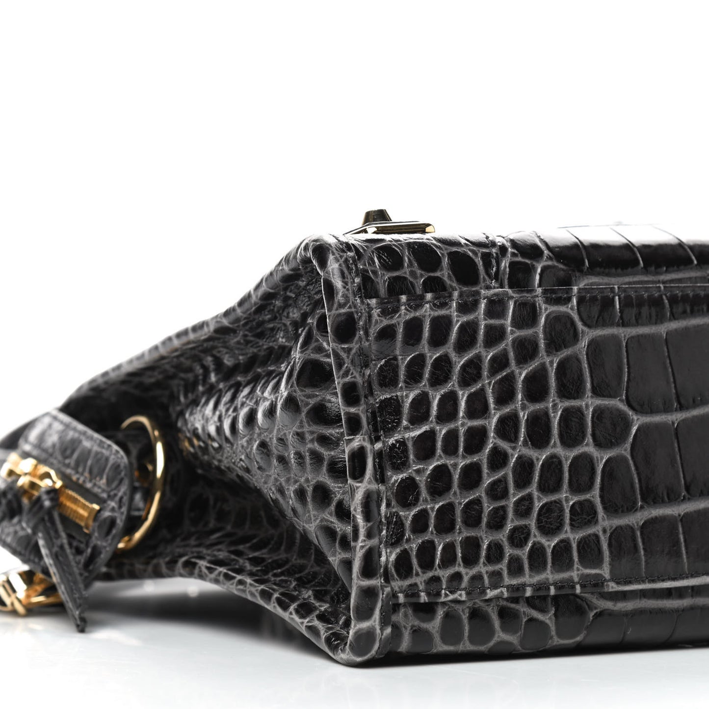 Shiny Supple Calfskin Crocodile Embossed Gold Metallic Edge Hardware S City Dark Grey