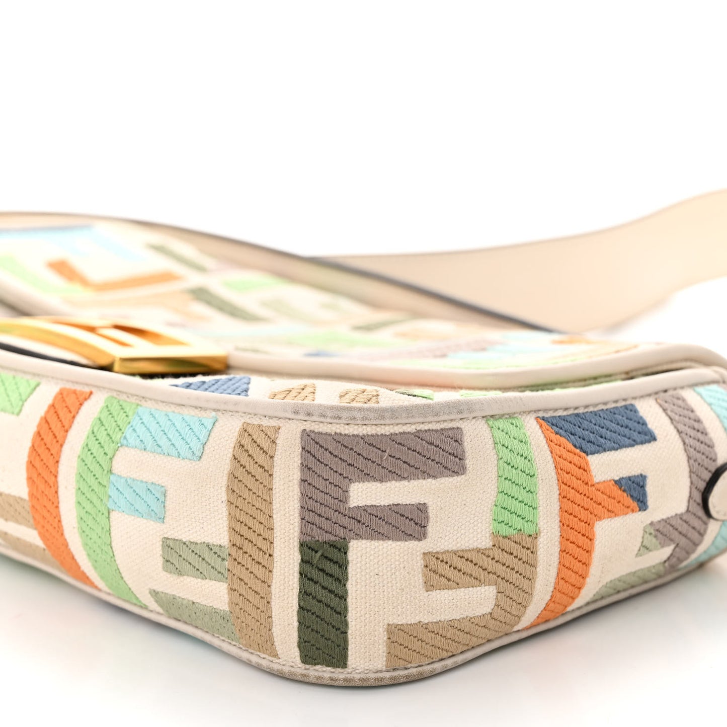 Canvas Vitello Seta FF Multicolor Embroidered Baguette Grezzo Multicolor Latte