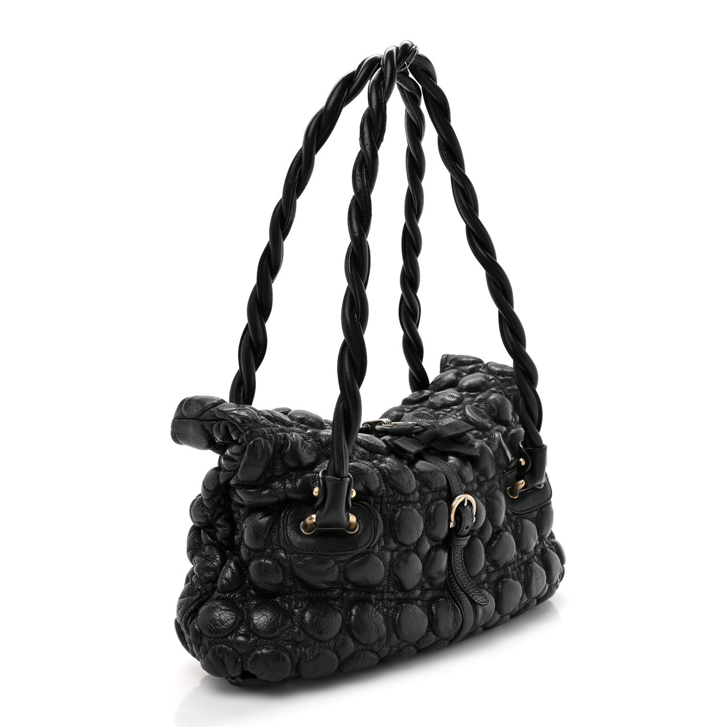 Padded Calfskin Embossed Fold Over Shoulder Bag Black