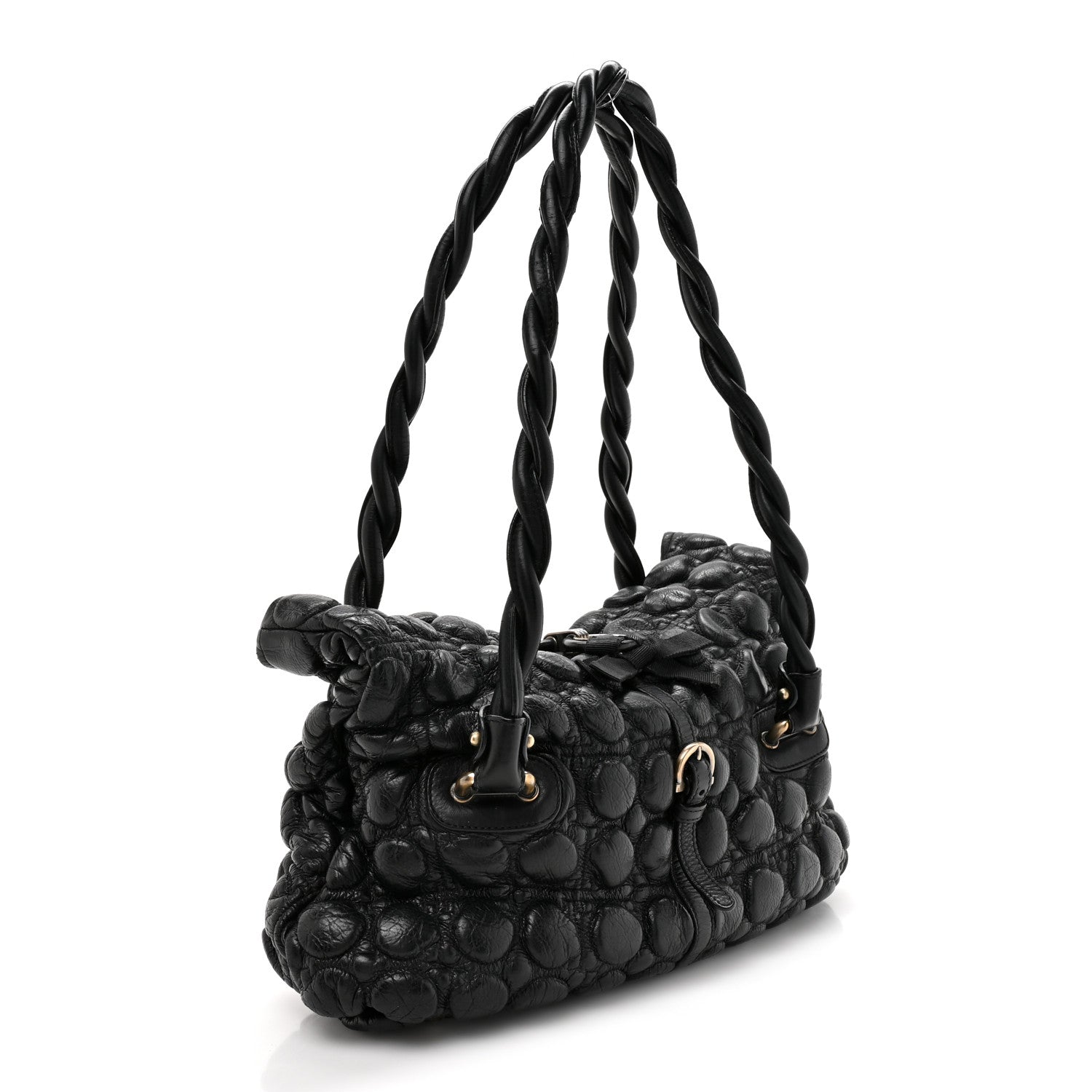 Salvatore Ferragamo Padded Calfskin Embossed Fold Over Shoulder Bag Black 3 of 9