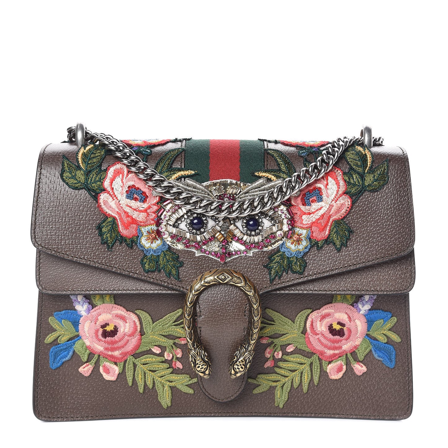 Calfskin Web Owl Embroidered Medium Dionysus Shoulder Bag New Acero Multicolor