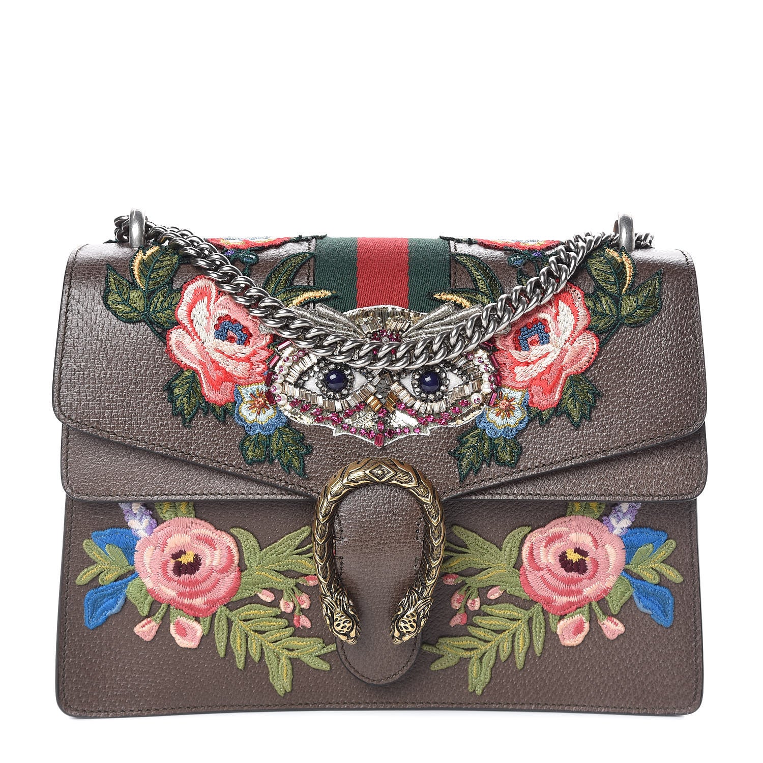 Gucci Calfskin Web Owl Embroidered Medium Dionysus Shoulder Bag New Acero Multicolor 1 of 9