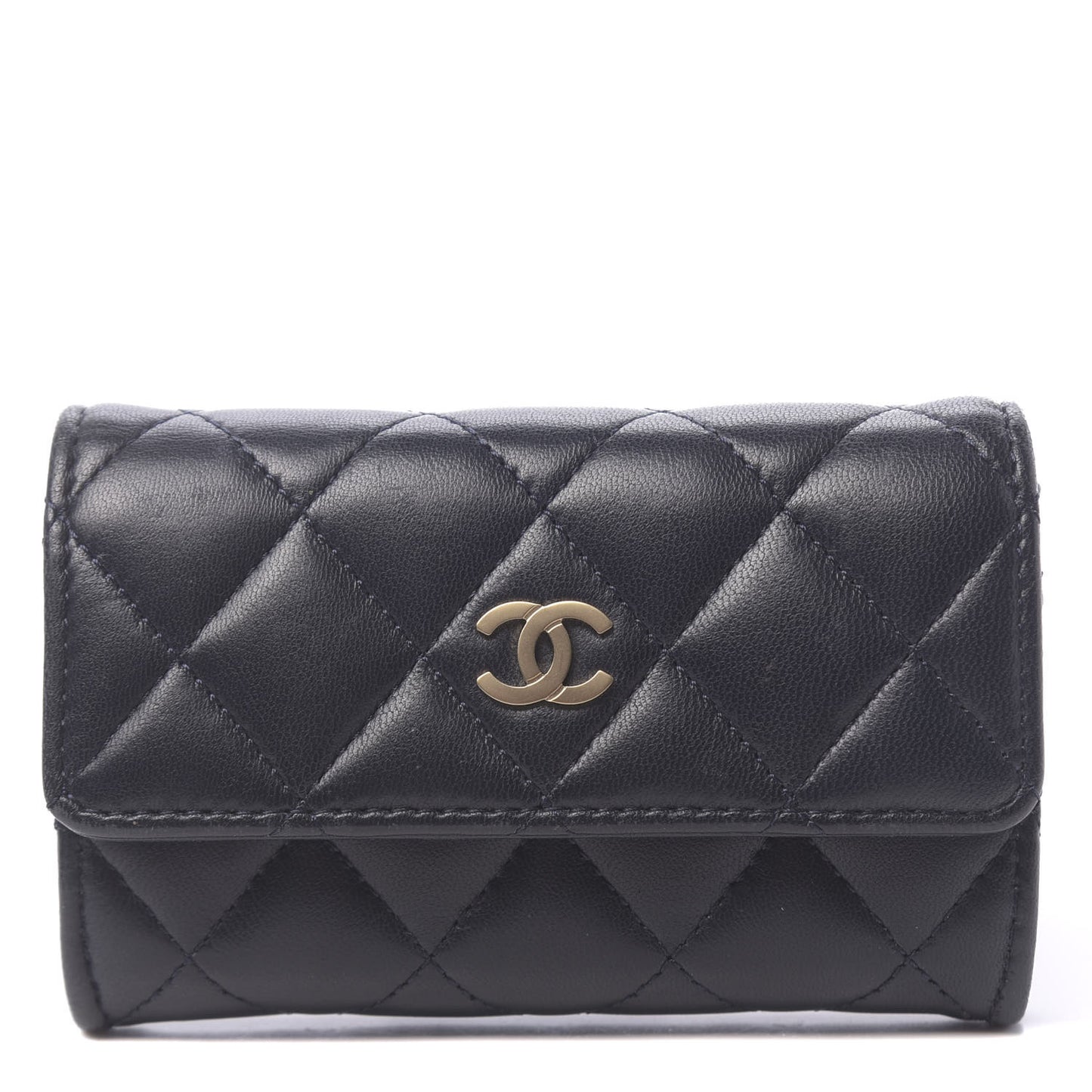 Lambskin Quilted Flap Card Holder Navy