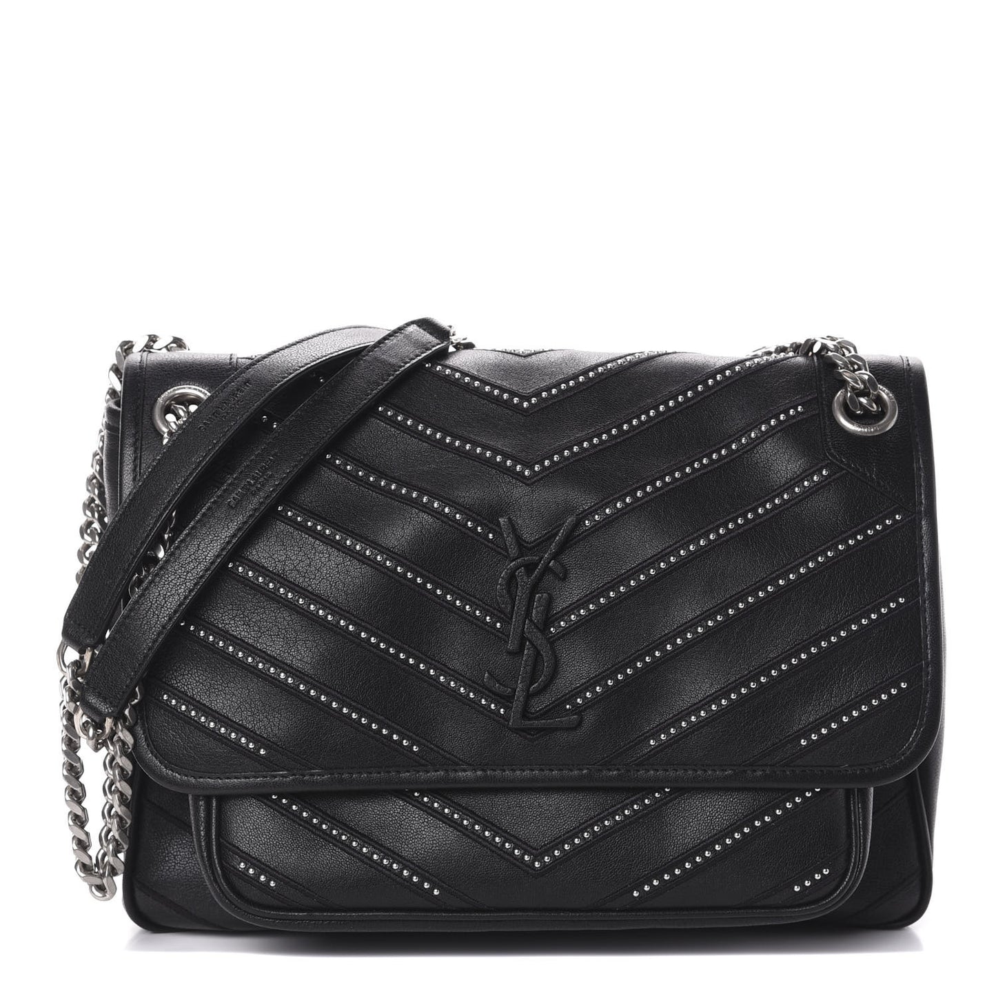 Lambskin Matelasse Monogram Microstud Medium Niki Chain Satchel Black