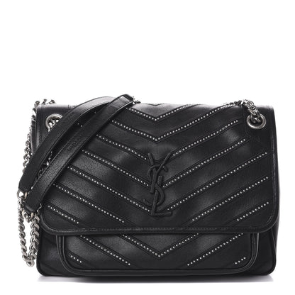 Saint Laurent Lambskin Matelasse Monogram Microstud Medium Niki Chain Satchel Black 1 of 9