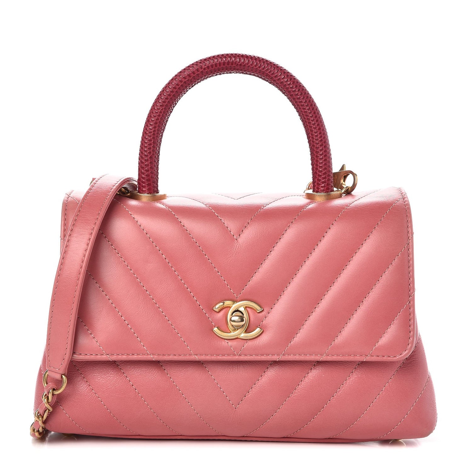 Calfskin Lizard Chevron Quilted Mini Coco Handle Flap Pink