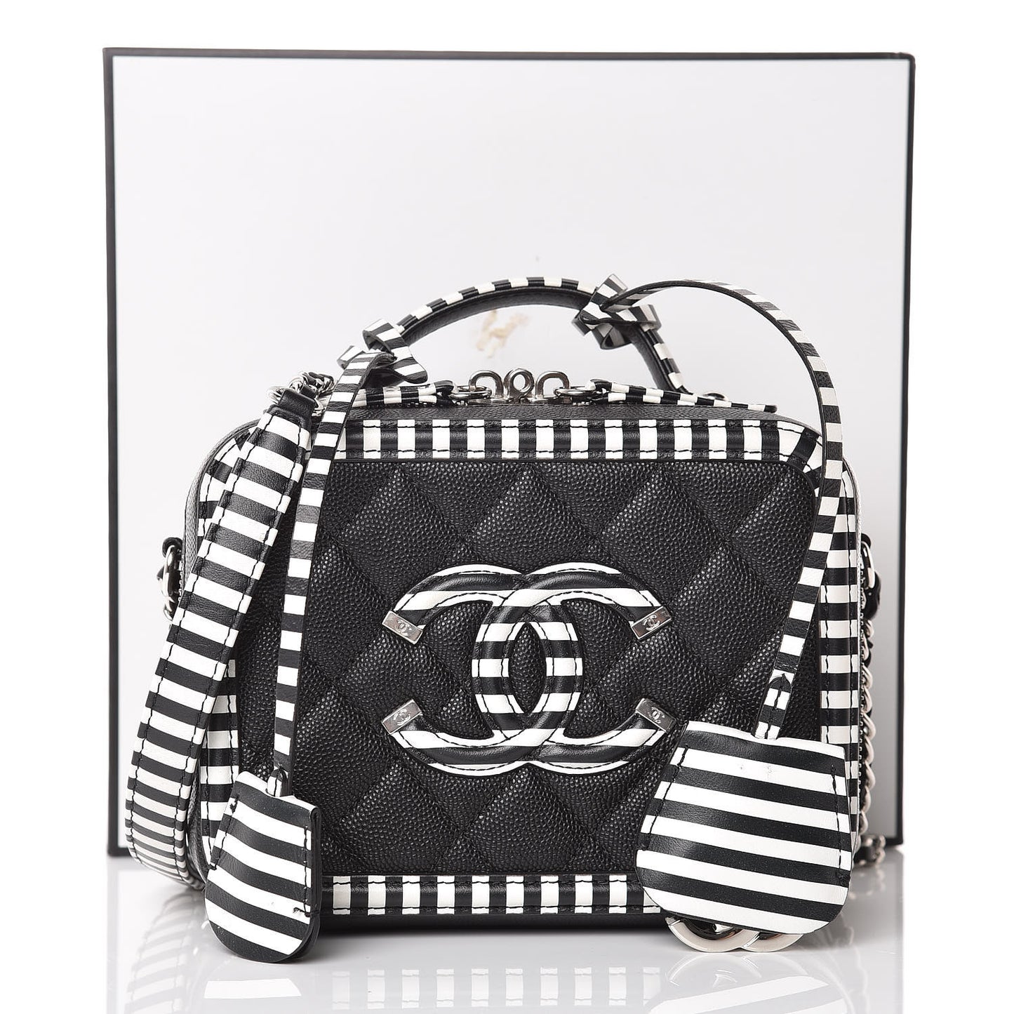 Caviar Quilted Striped Small CC Filigree Vanity Case Black White