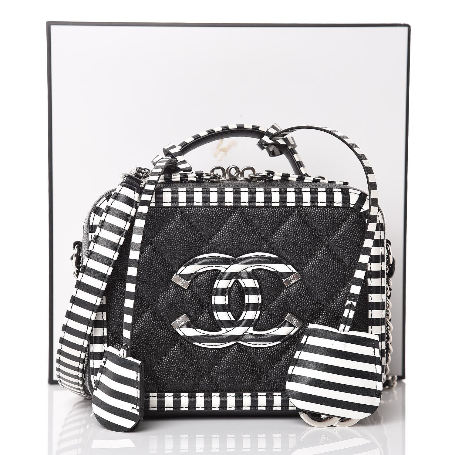 Chanel Caviar Quilted Striped Small CC Filigree Vanity Case Black White 8 of 8