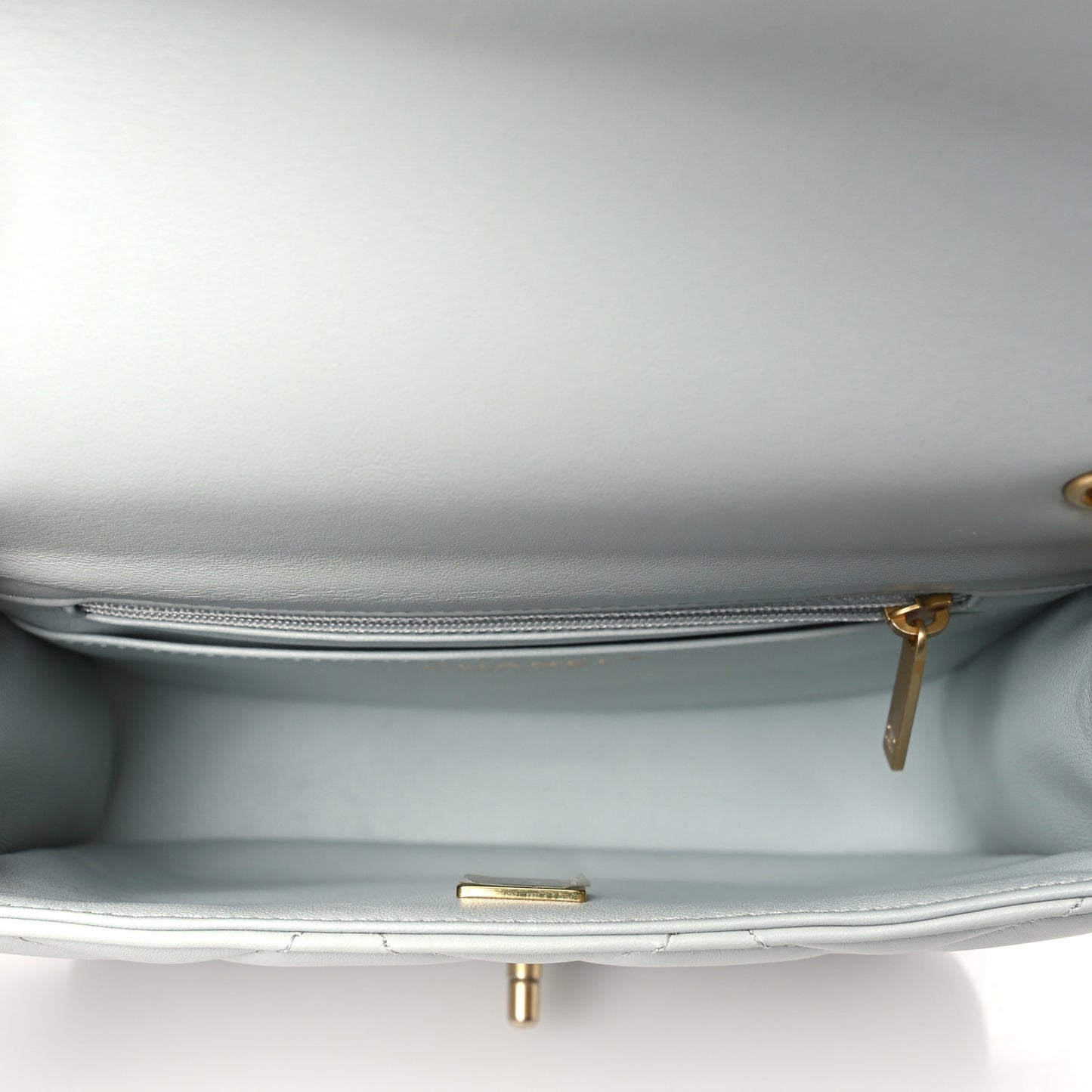 Lambskin Enamel Pearl Quilted Mini Charm Me Square Flap Light Blue