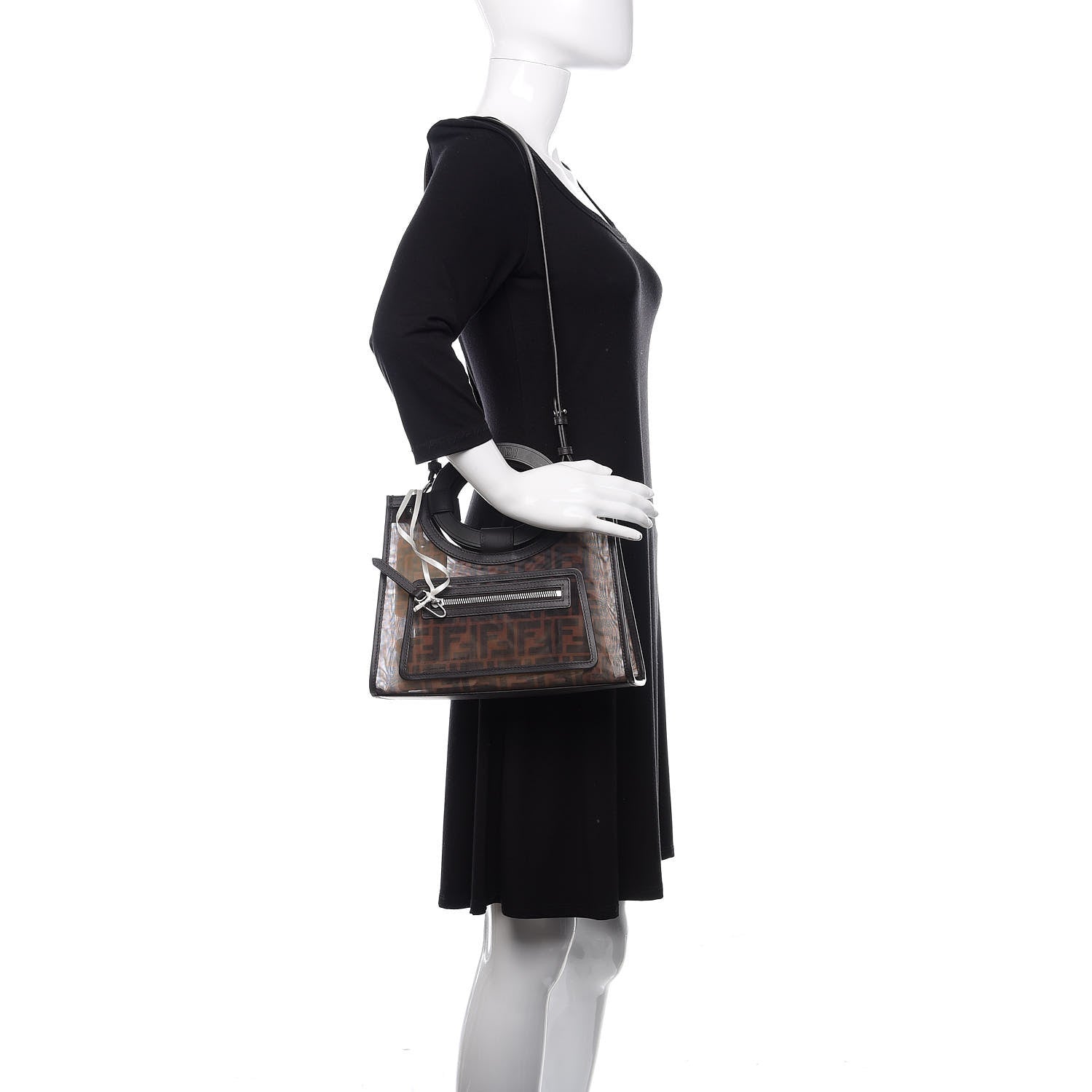 Fendi Mesh Vitello Century Cuoio FF 1974 Small Runaway Shopper Tote Marrone Black Ebano 2 of 9