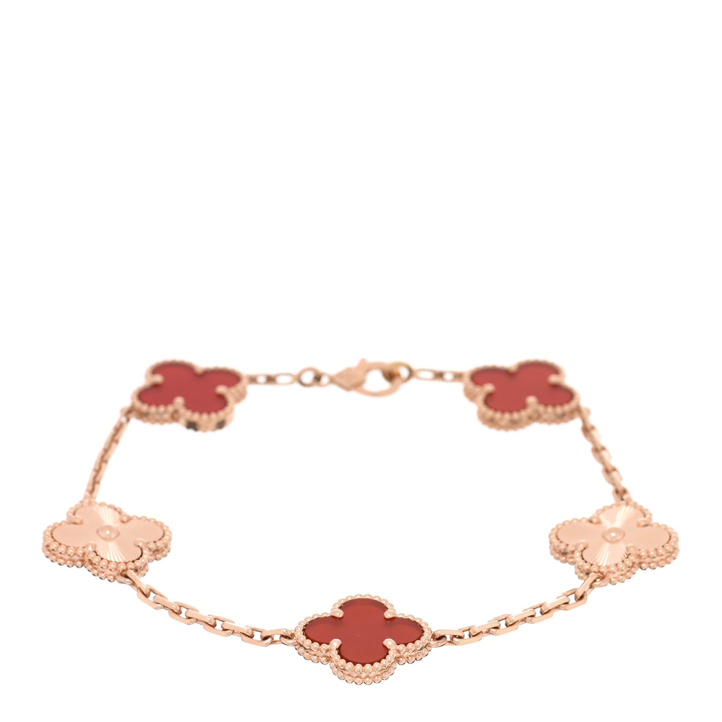 VAN CLEEF & ARPELS 18K Rose Gold Carnelian 5 Motifs Guilloche Vintage Alhambra Bracelet