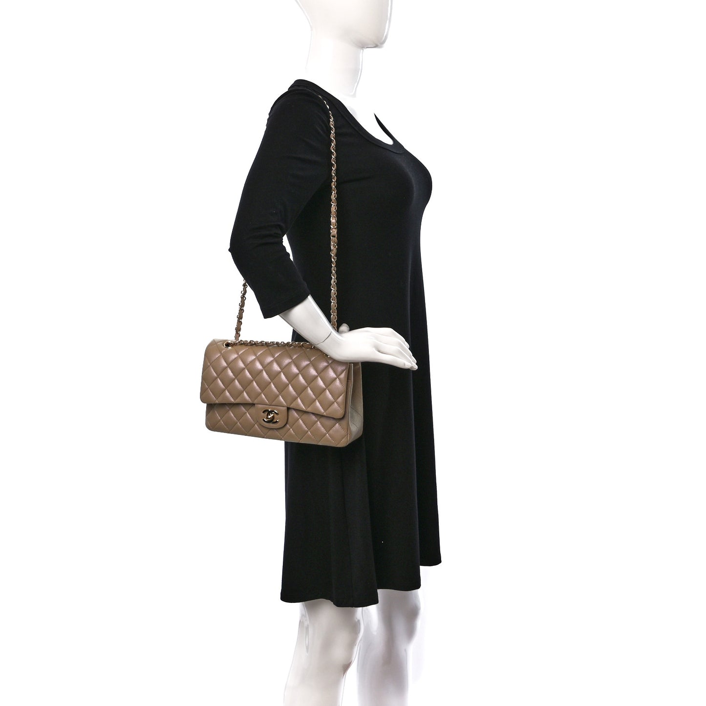 Iridescent Caviar Quilted Medium Double Flap Dark Beige