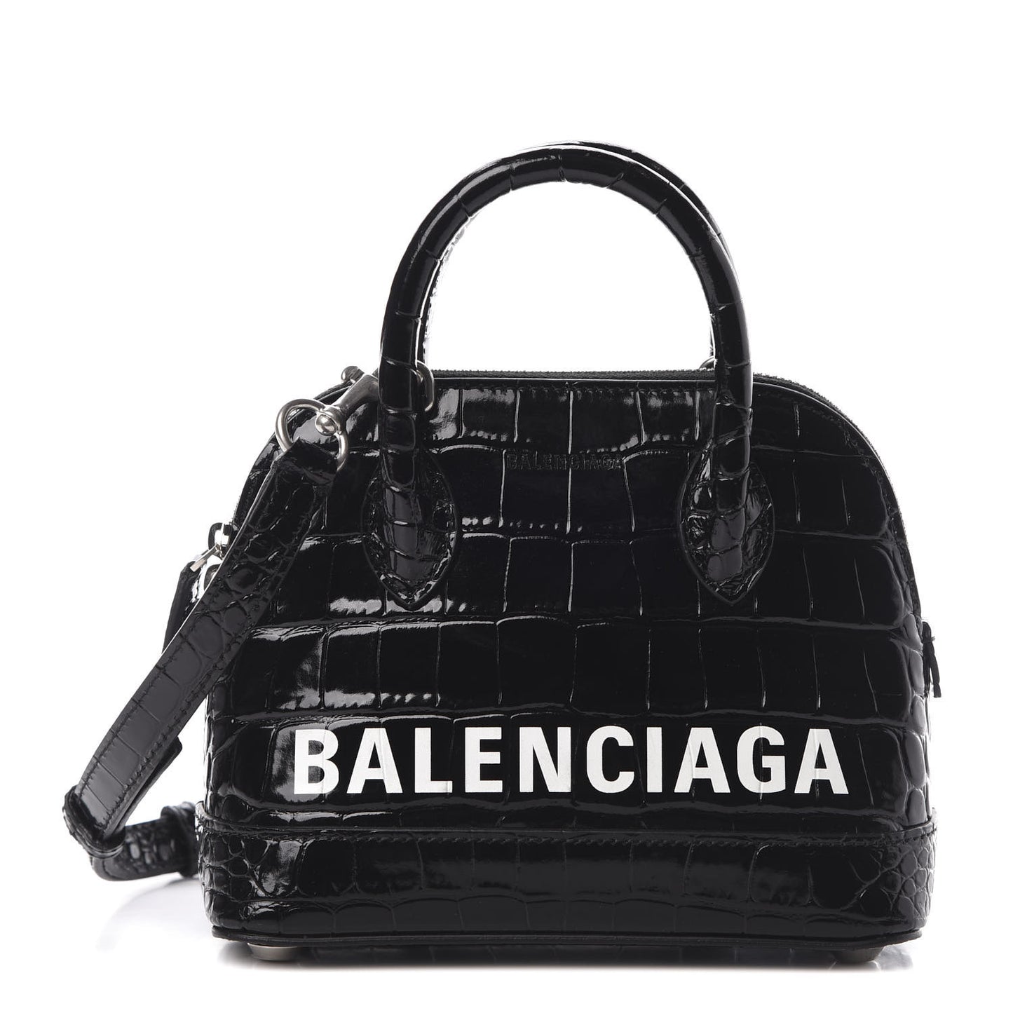 Shiny Calfskin Logo Crocodile Embossed XXS Ville Top Handle Bag Black White