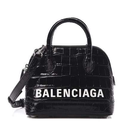 Balenciaga Shiny Calfskin Logo Crocodile Embossed XXS Ville Top Handle Bag Black White 1 of 11