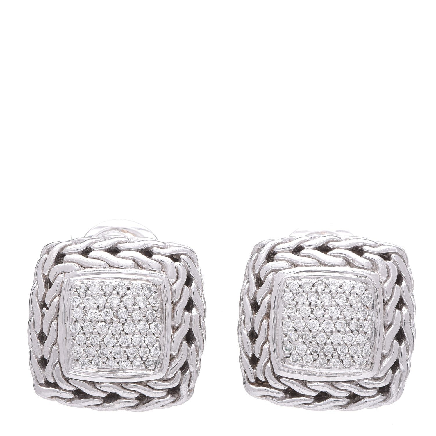 John Hardy Sterling Silver 18K Yellow Gold Diamond Classic Chain Square Earrings 1 of 4