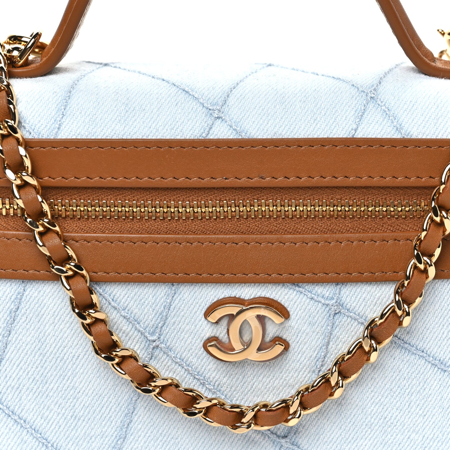 Washed Denim Calfskin Quilted Top Handle Slim Vanity Case With Chain Blue Brown