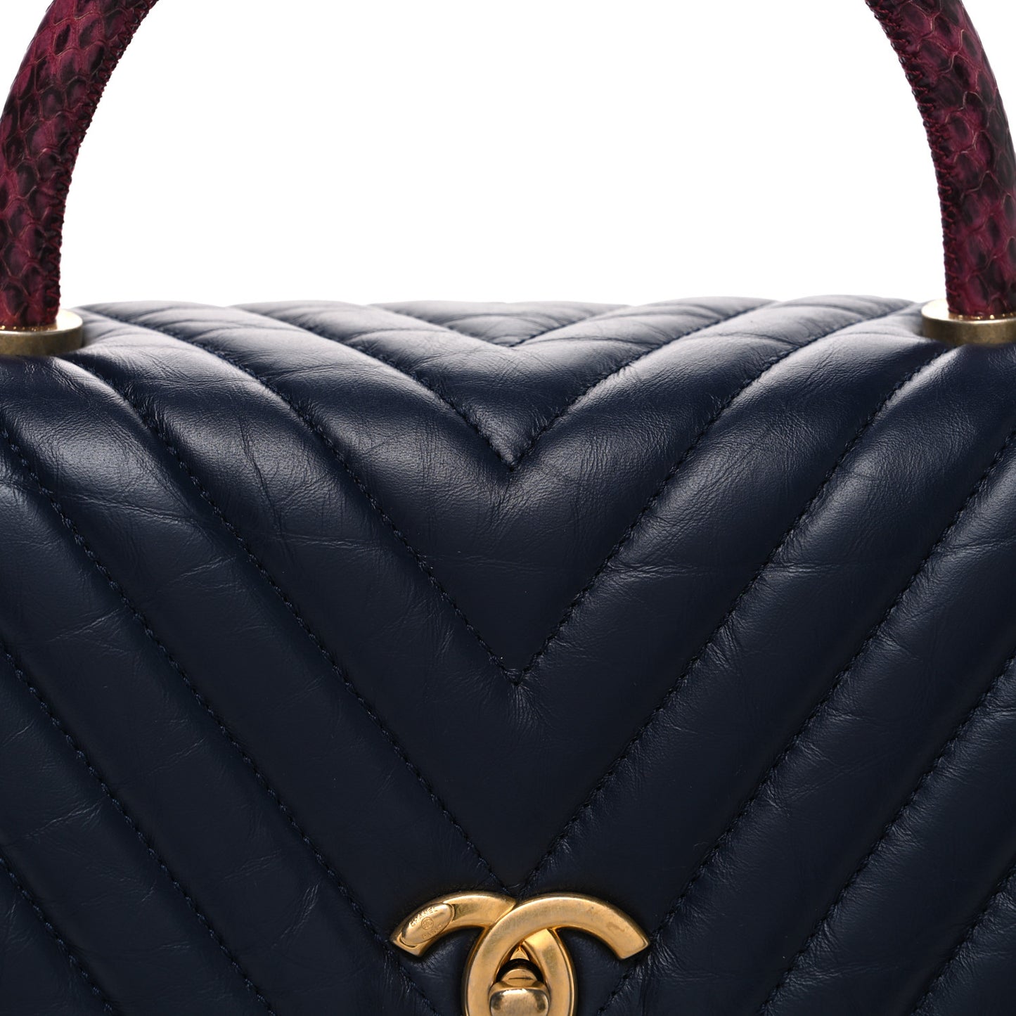 Aged Calfskin Elaphe Chevron Quilted Small Coco Handle Flap Navy
