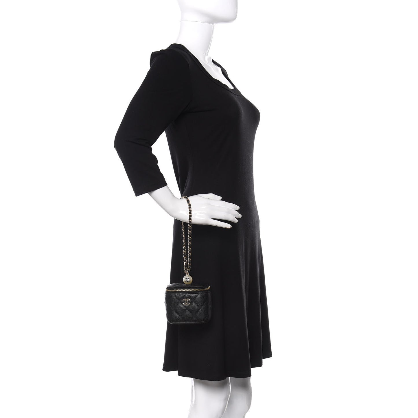 Caviar Quilted Mini Pearl On Top Vanity Case With Chain Black