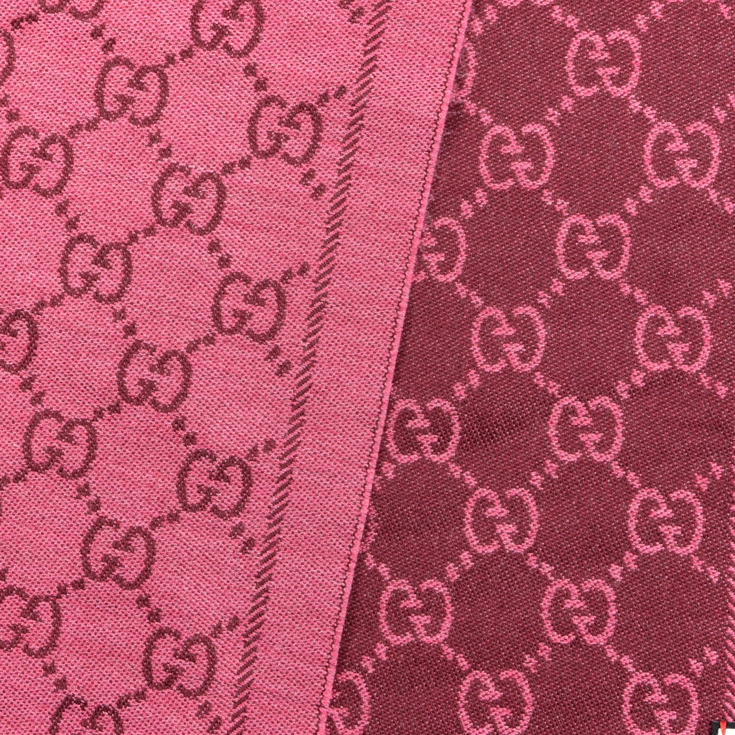 Gucci Wool Jacquard Monogram Reversible Stencil Fringe Scarf Pink Red 3 of 7