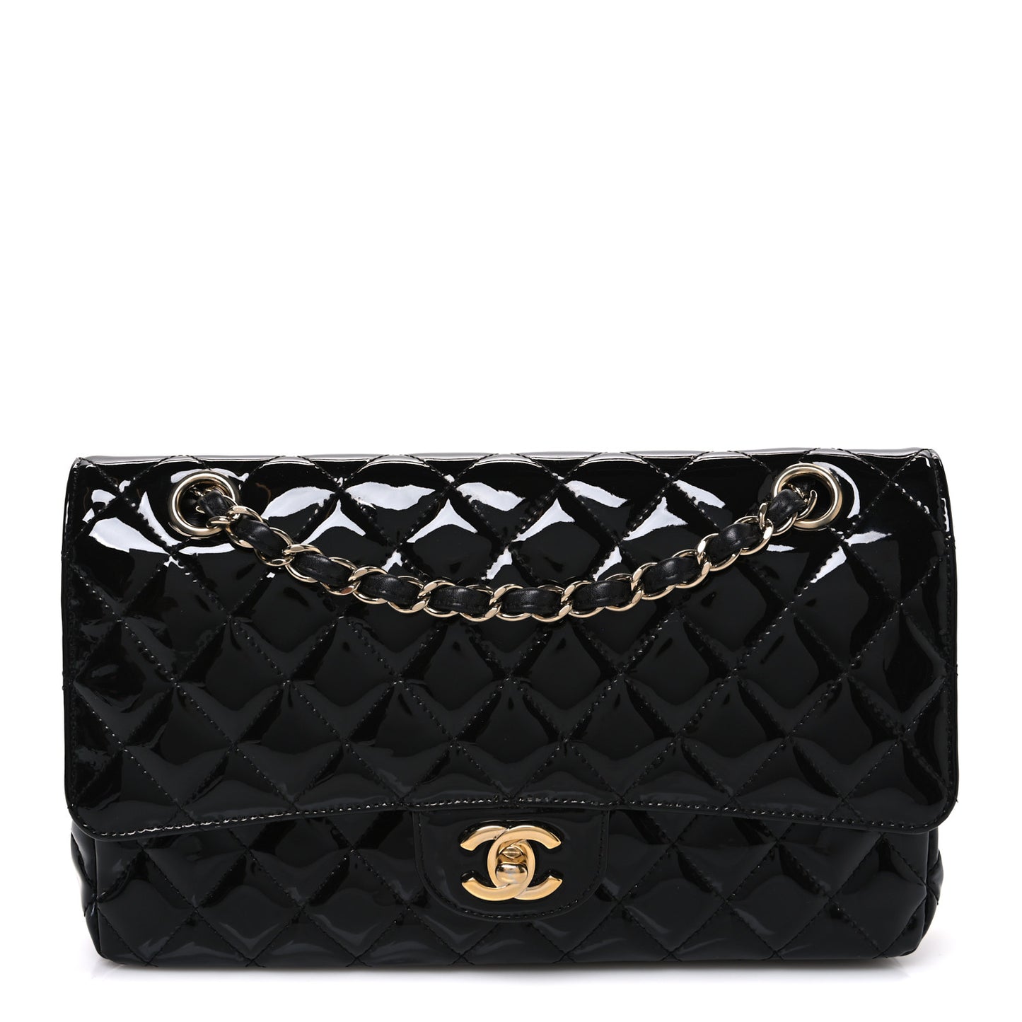 Patent Quilted Medium Double Flap Black
