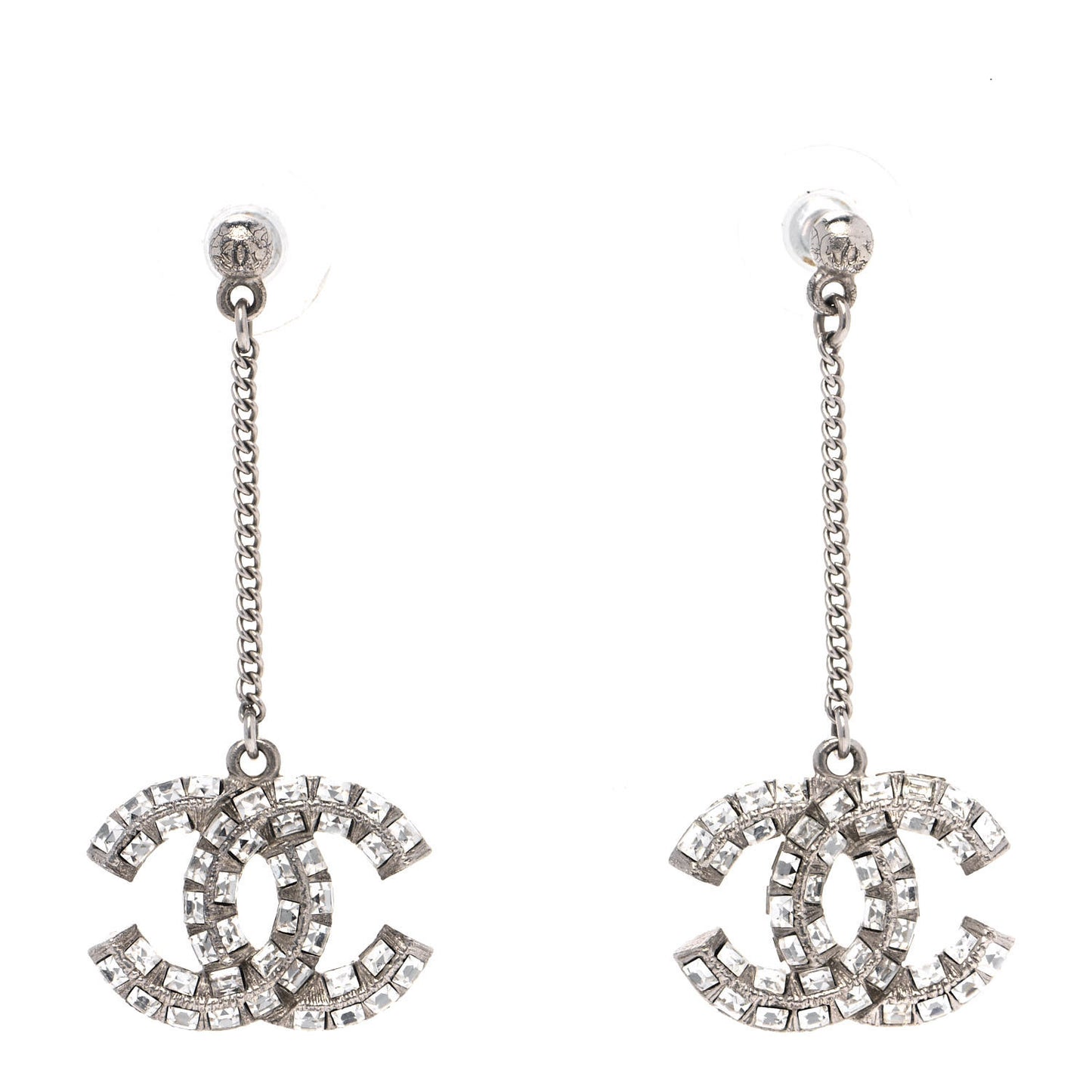Baguette Crystal CC Drop Earrings Silver