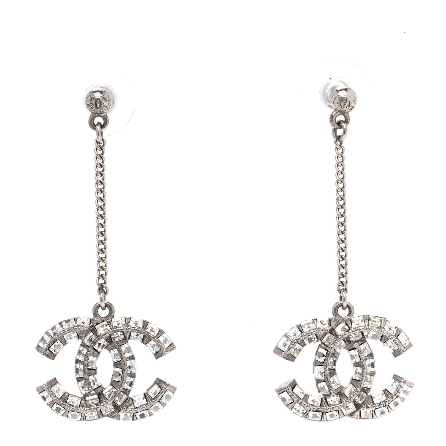 Chanel Baguette Crystal CC Drop Earrings Silver 1 of 6